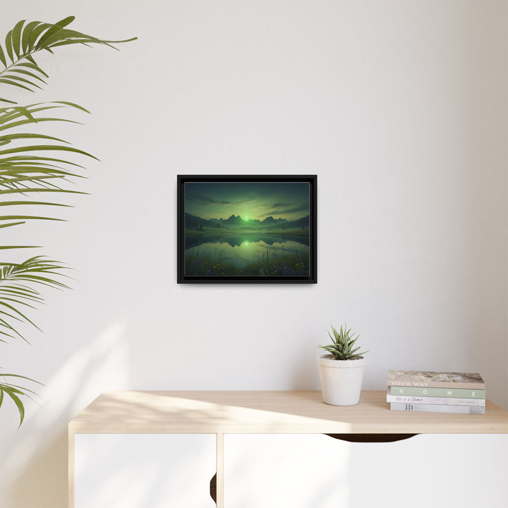 Framed Matte Canvas Print — Serene Green Mountain Lake Landscape