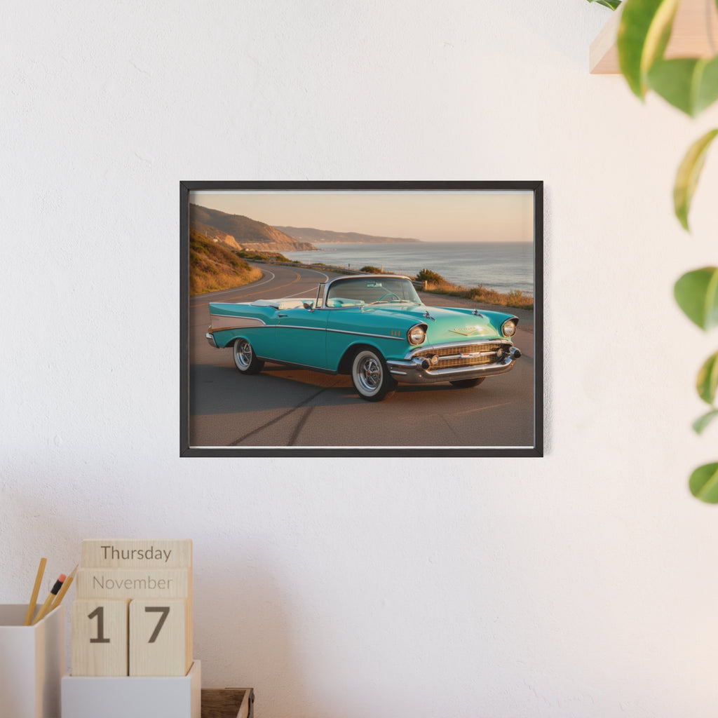 Vintage Teal Classic Car Poster with Wooden Frame — Coastal Road Print