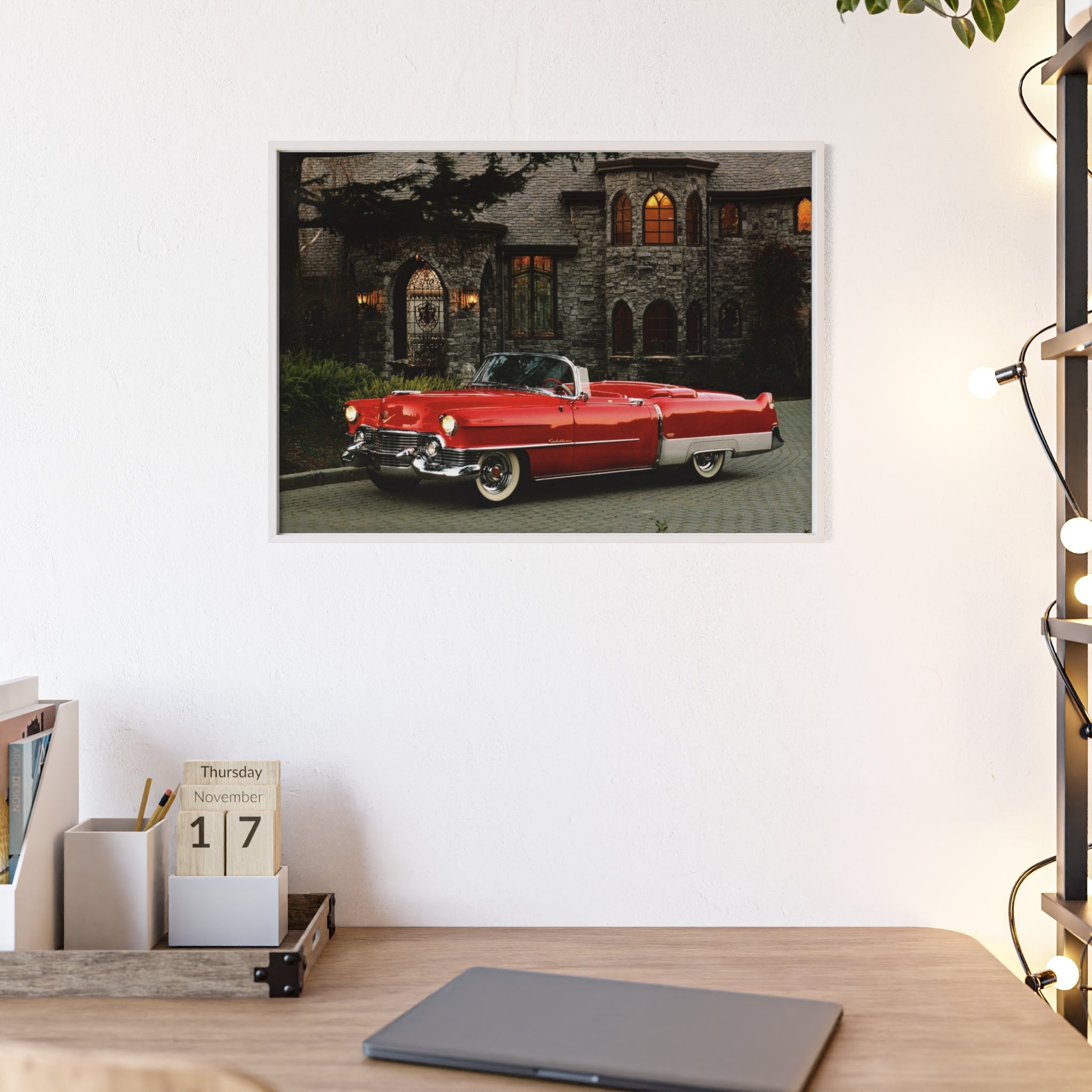 Vintage Red Convertible Poster with Wooden Frame — Classic Car Wall Art