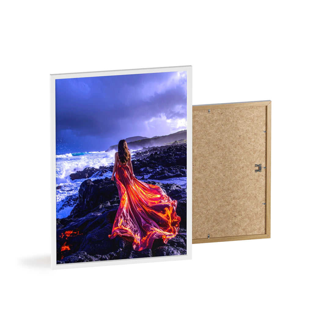 Framed Art Print — Woman in Fiery Red Dress on Rocky Shore (Wooden Frame Poster)
