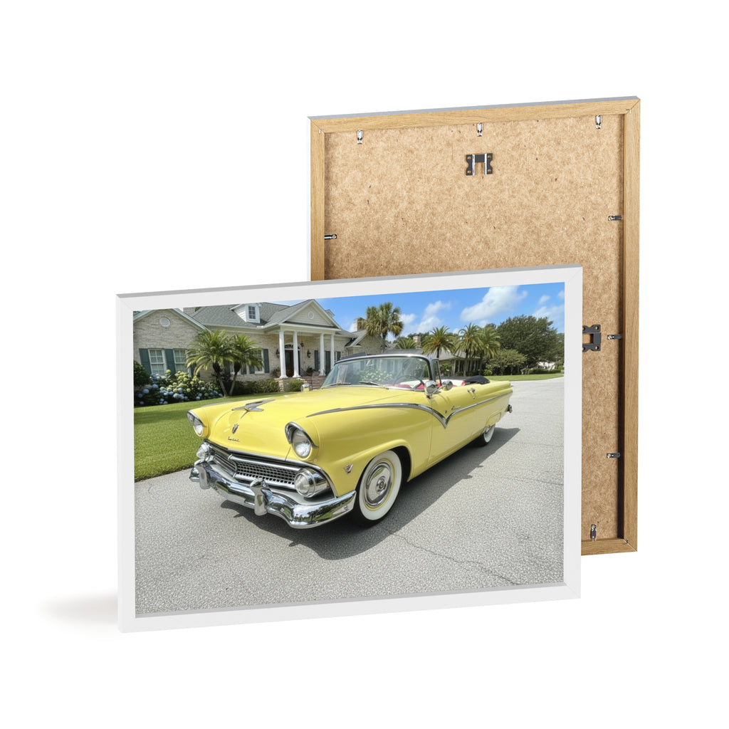 Vintage Yellow Classic Car Poster — Framed Wooden Wall Art