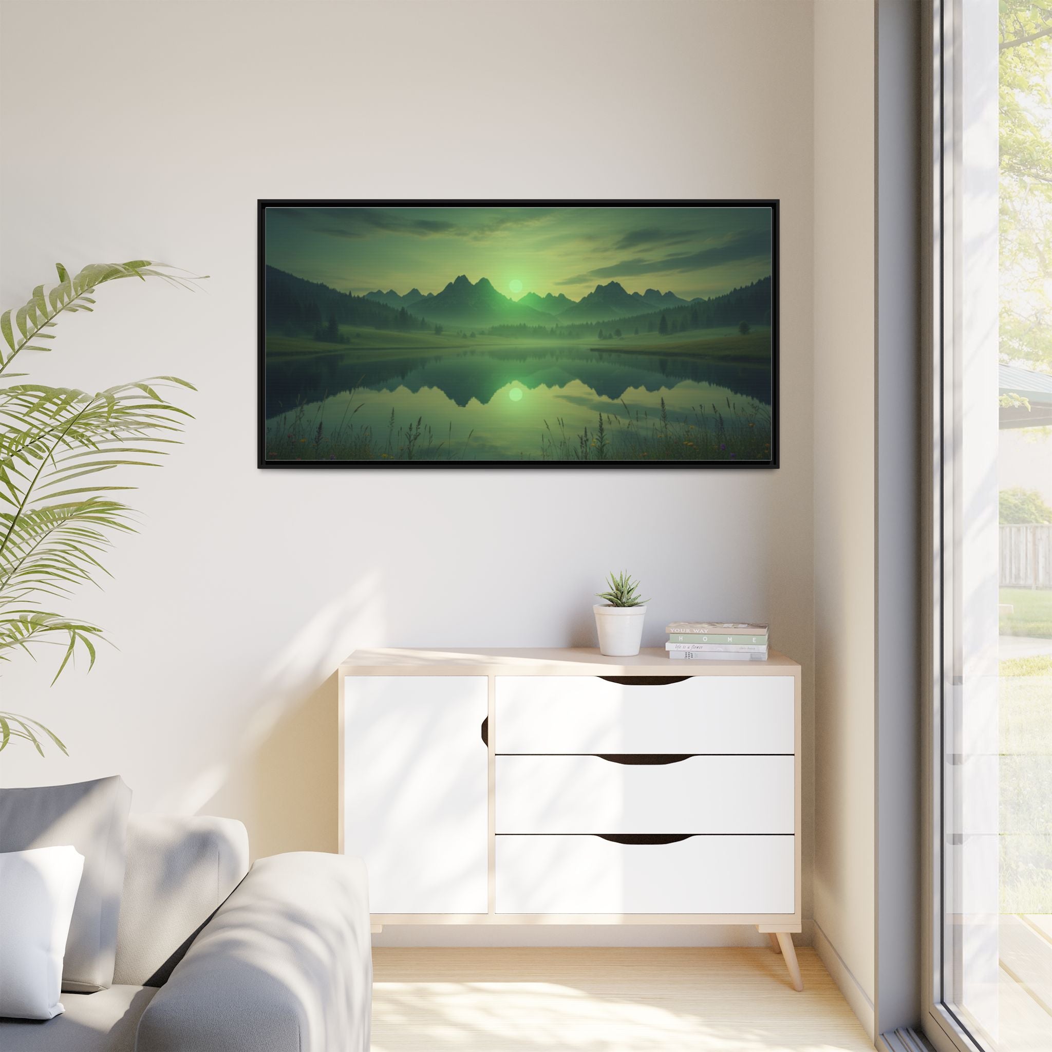 Framed Matte Canvas Print — Serene Green Mountain Lake Landscape