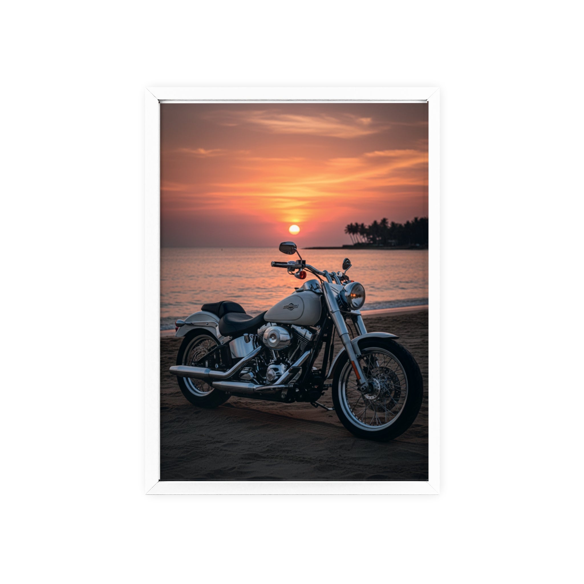Sunset Beach Motorcycle Poster with Wooden Frame — Vintage Cruiser Wall Art