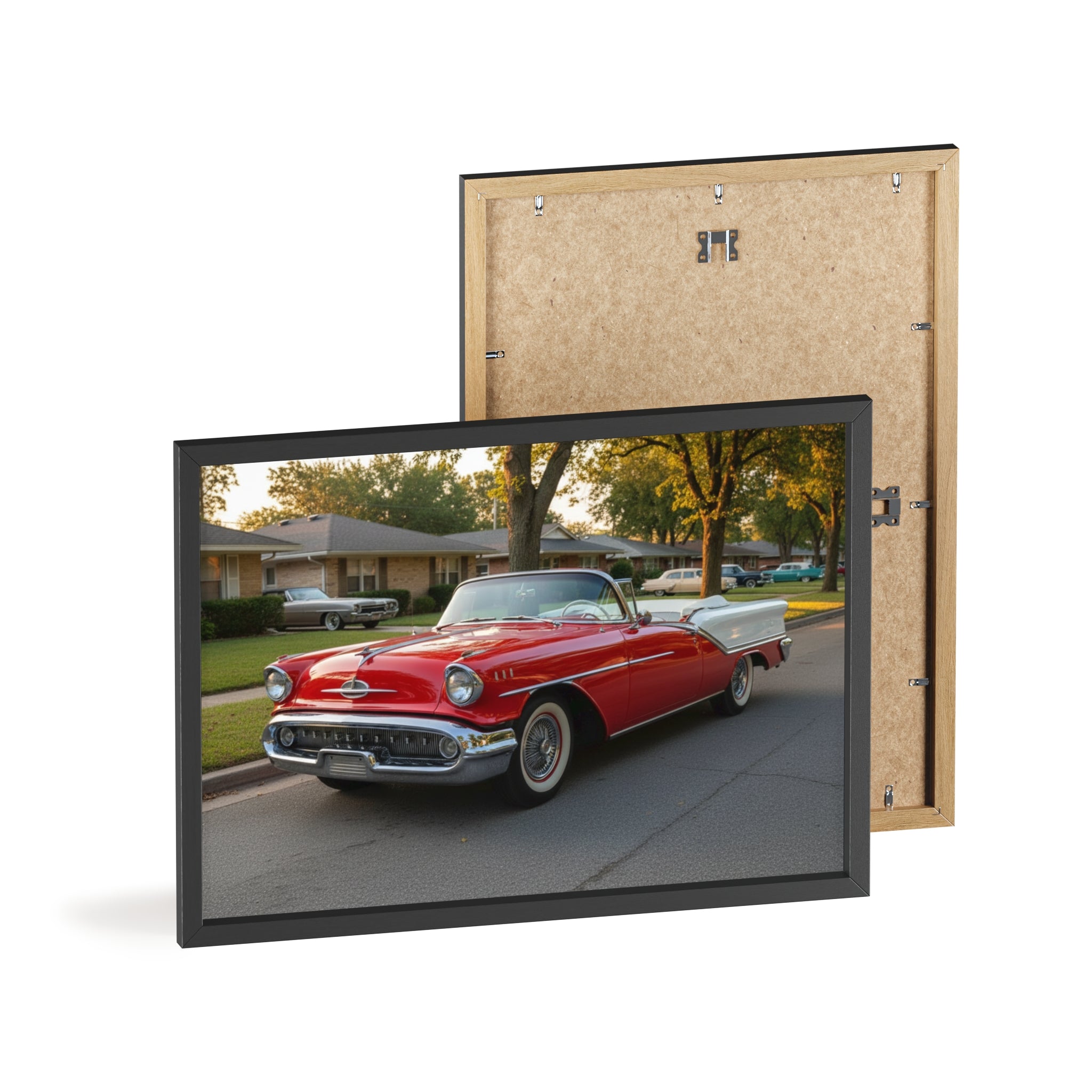 Vintage Red Convertible Poster with Wooden Frame — Classic Car Wall Art