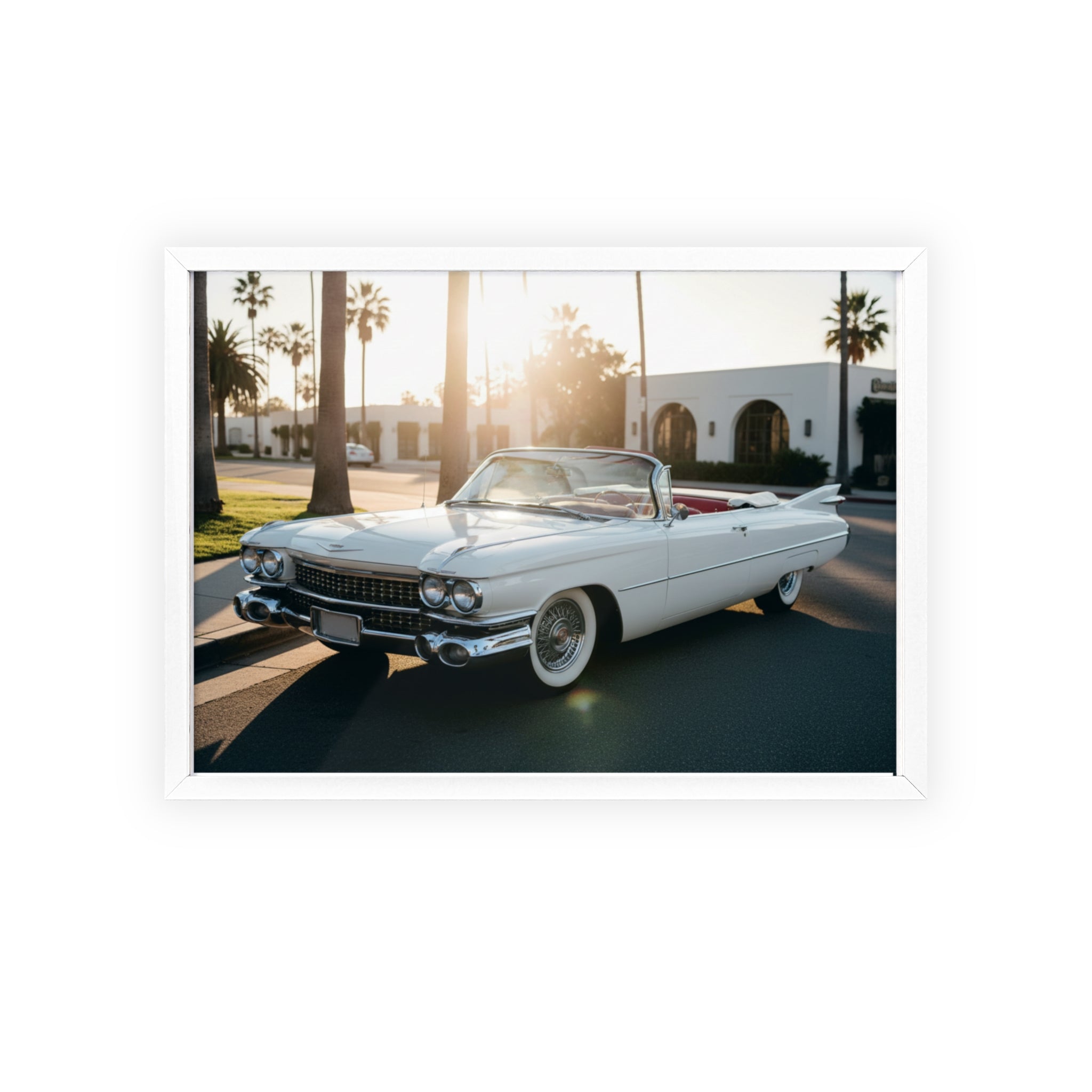 Vintage Cadillac Convertible Poster with Wooden Frame — Retro Palm Trees Sunset Wall Art