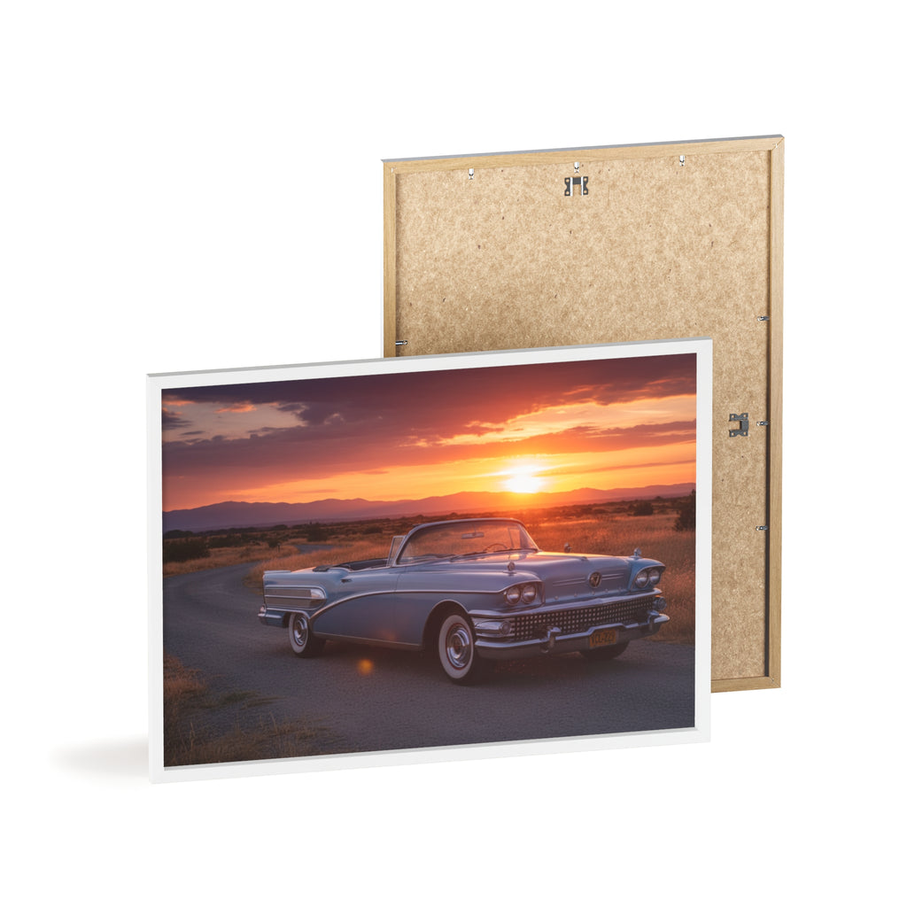 Vintage Convertible Sunset Poster with Wooden Frame
