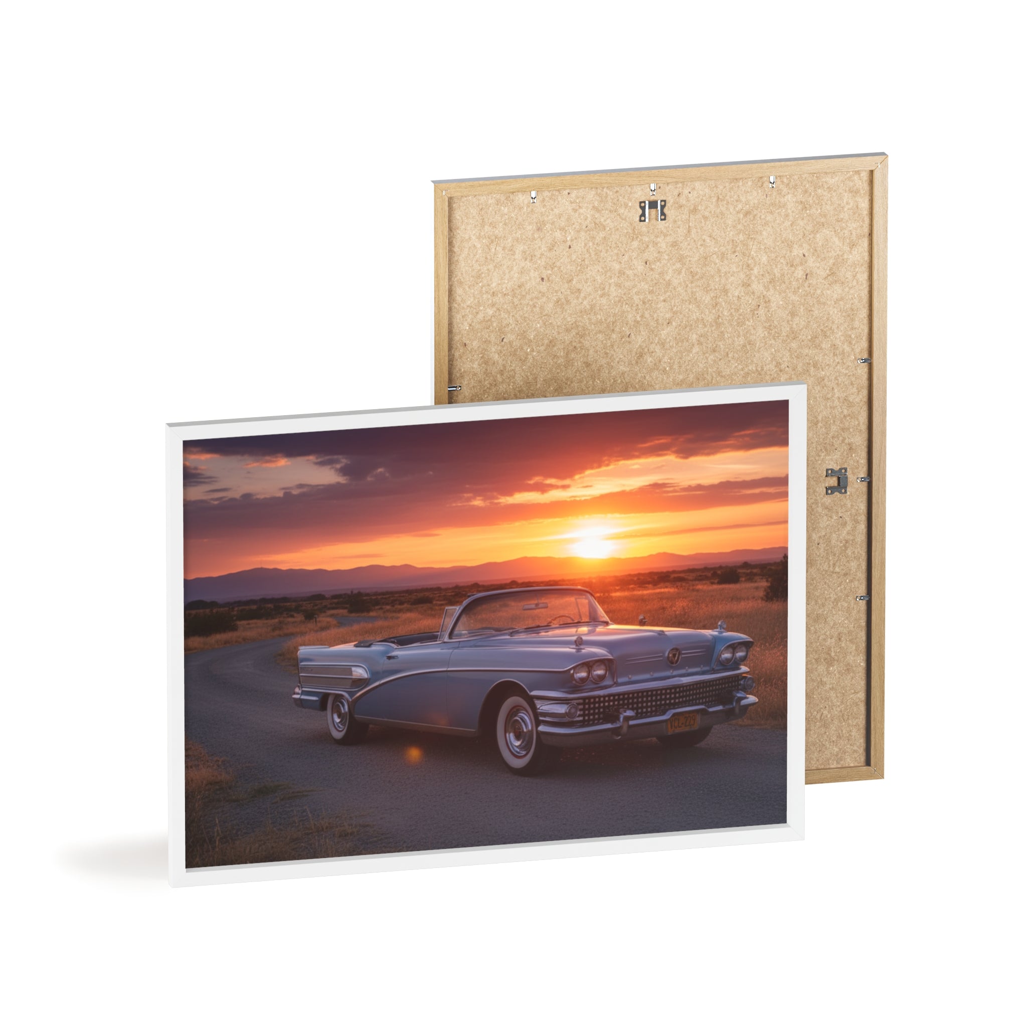 Vintage Convertible Sunset Poster with Wooden Frame