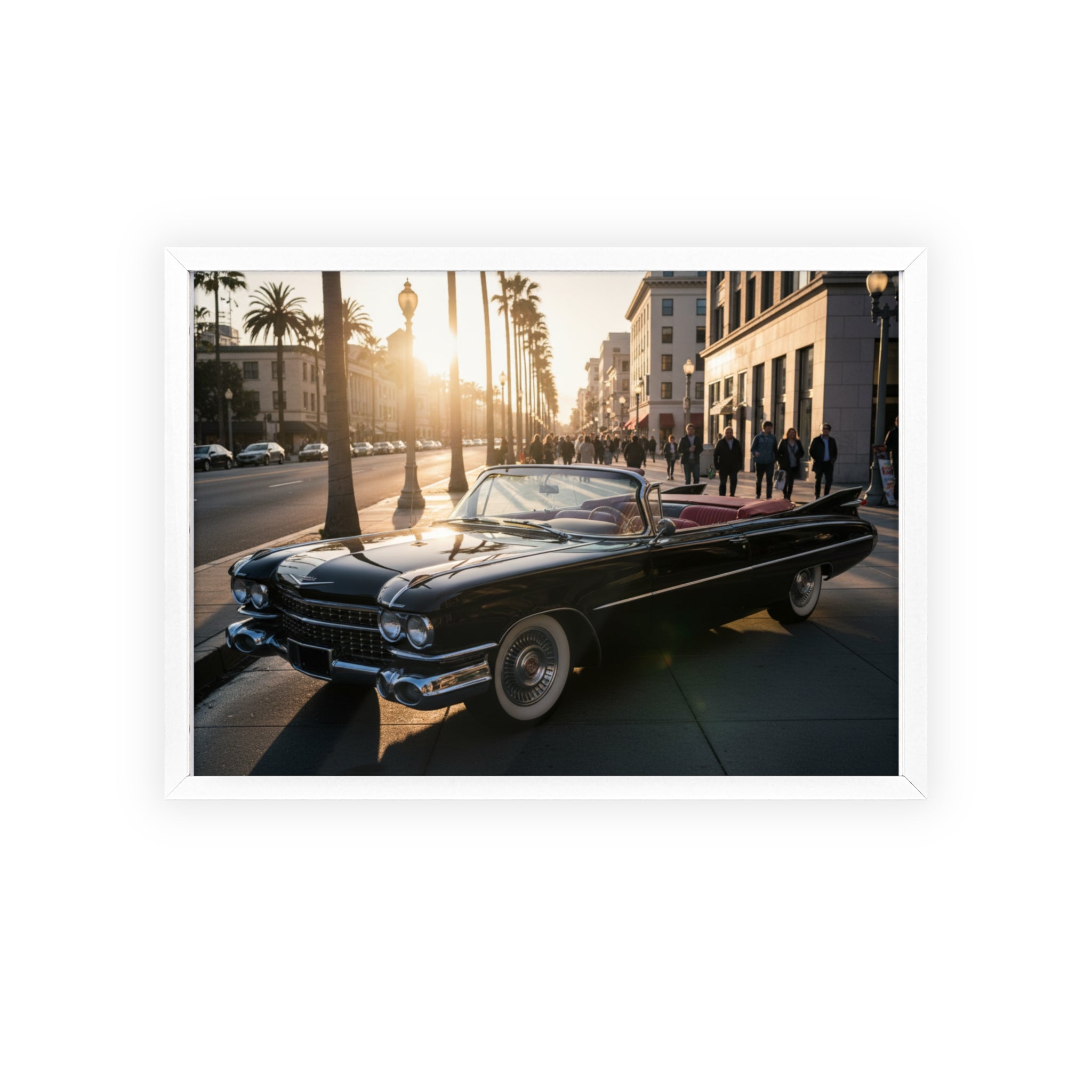 Vintage Convertible Sunset Poster with Wooden Frame