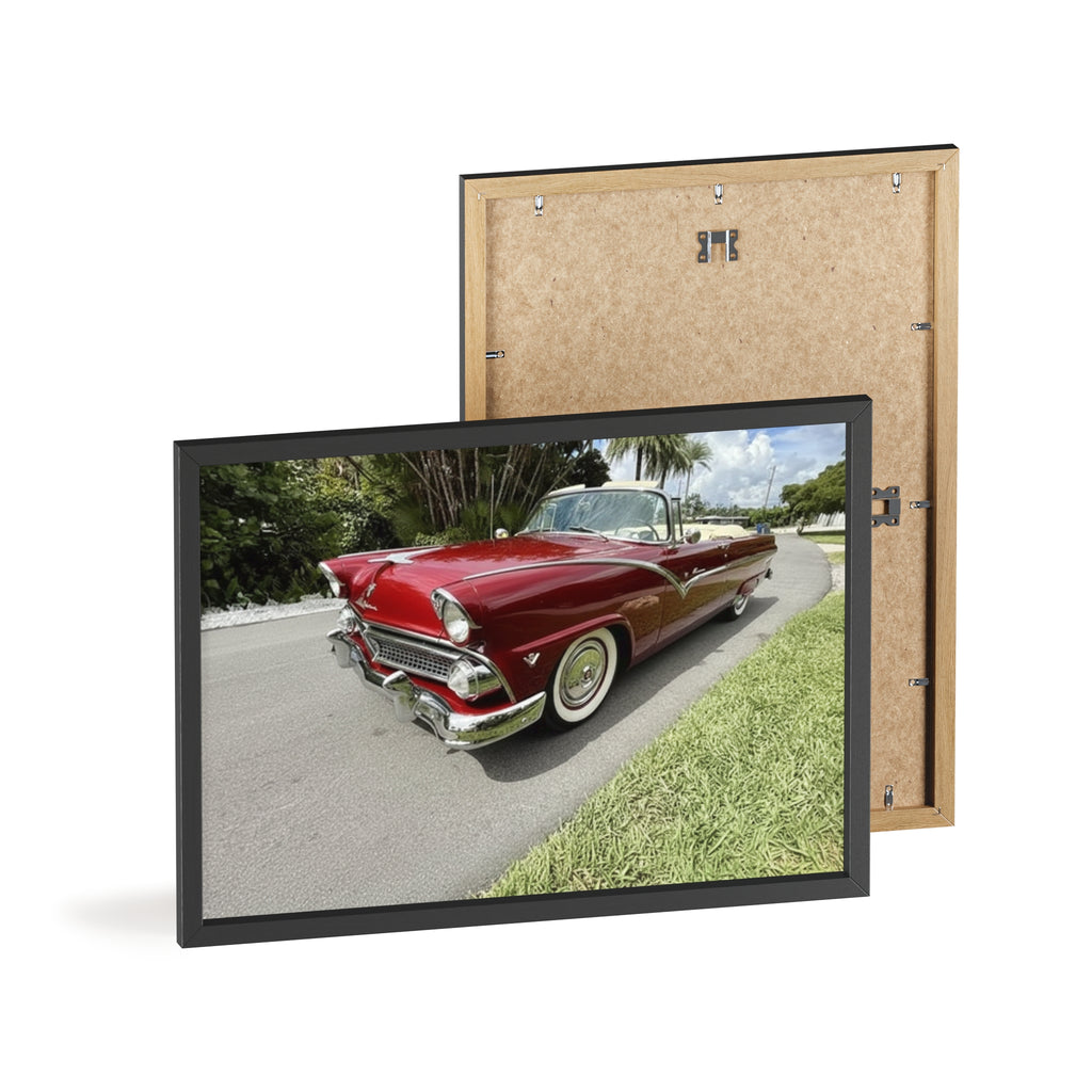 Vintage Red Convertible Poster with Wooden Frame — Classic Car Wall Art