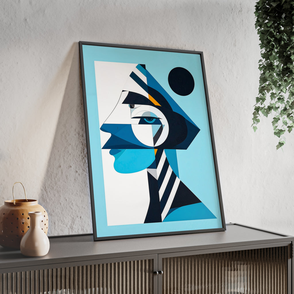 Abstract Geometric Portrait Poster with Wooden Frame — Blue Modern Wall Art