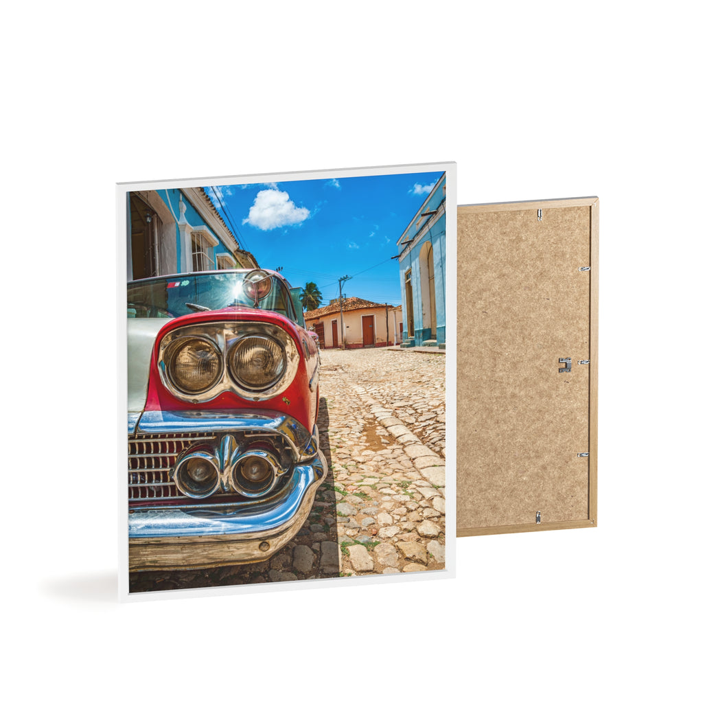 Vintage Classic Car Poster with Wooden Frame — Retro Cuba Street Photography Wall Art
