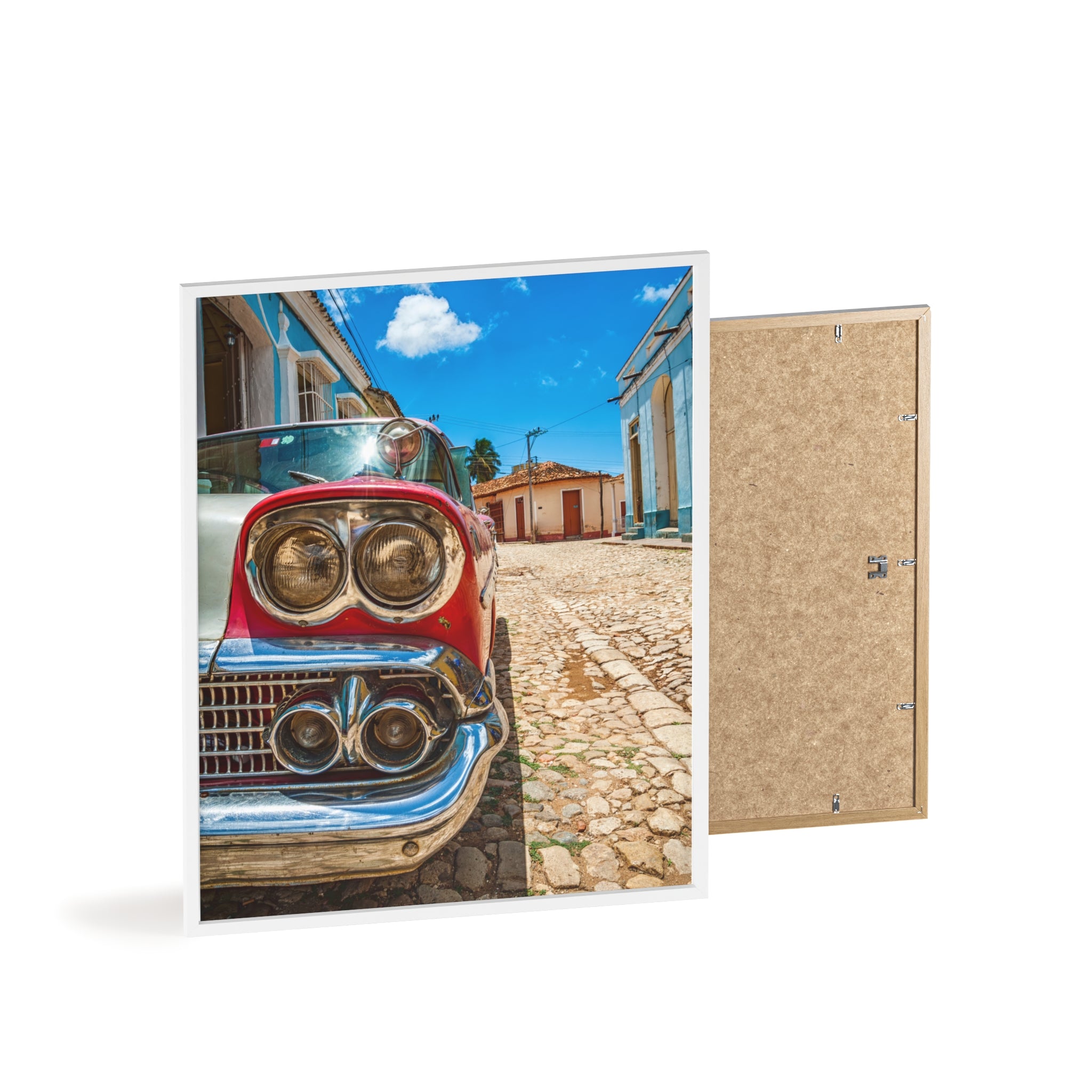 Vintage Classic Car Poster with Wooden Frame — Retro Cuba Street Photography Wall Art