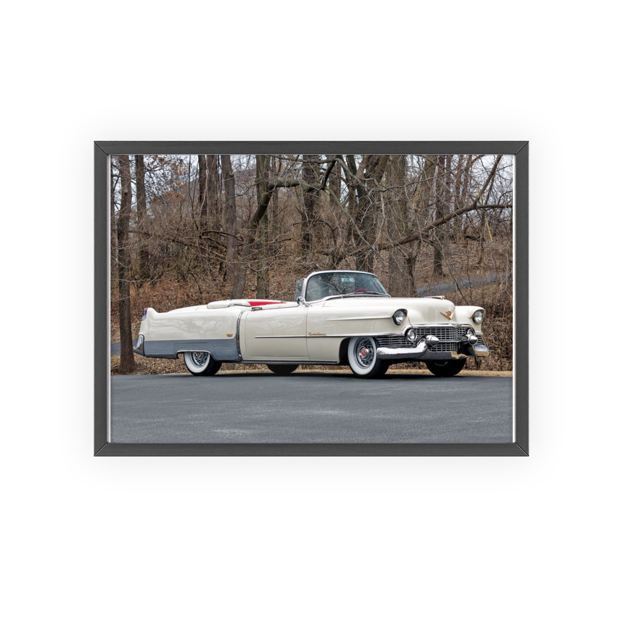 Vintage 1950s White Cadillac Poster with Wooden Frame - Classic Car Wall Art