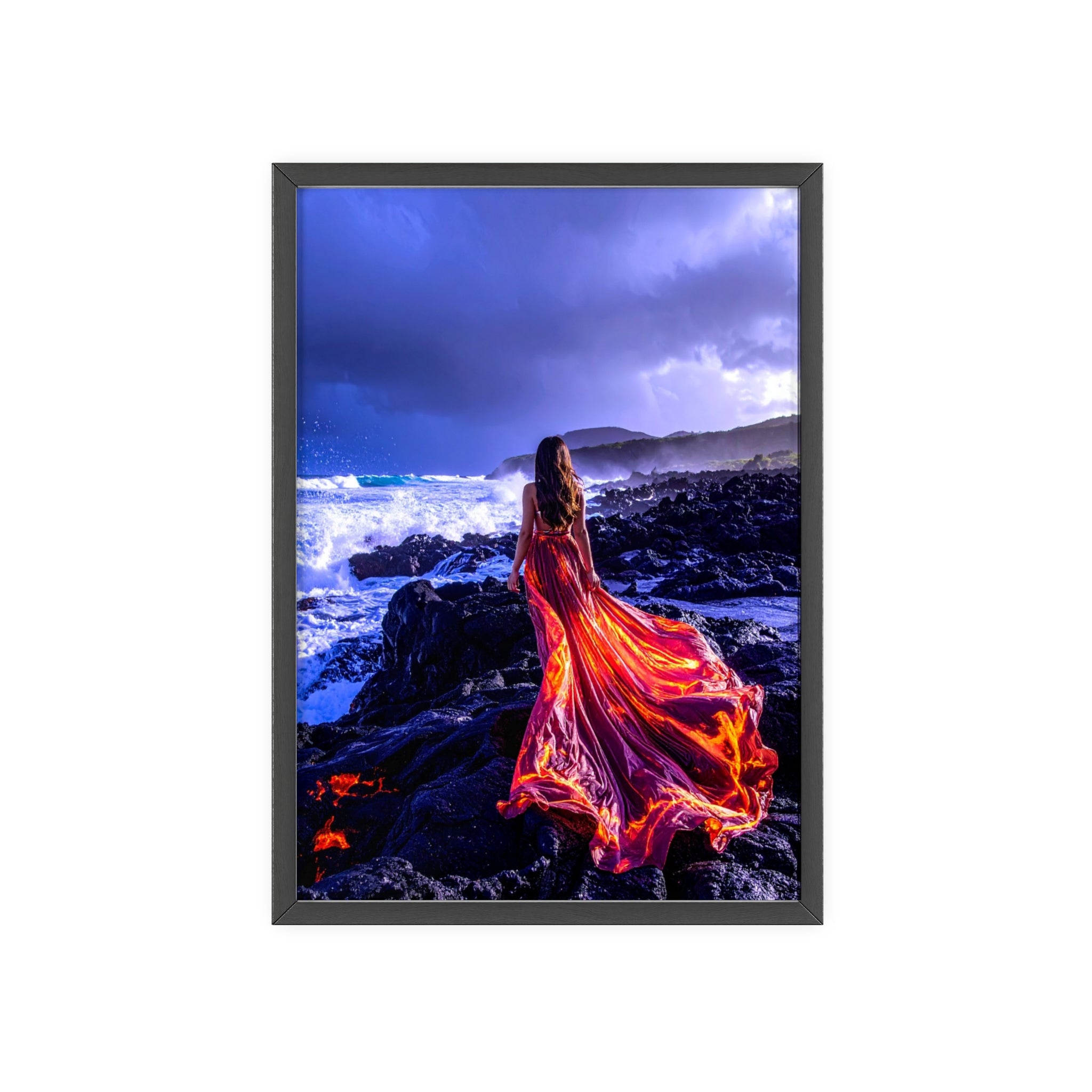 Framed Art Print — Woman in Fiery Red Dress on Rocky Shore (Wooden Frame Poster)