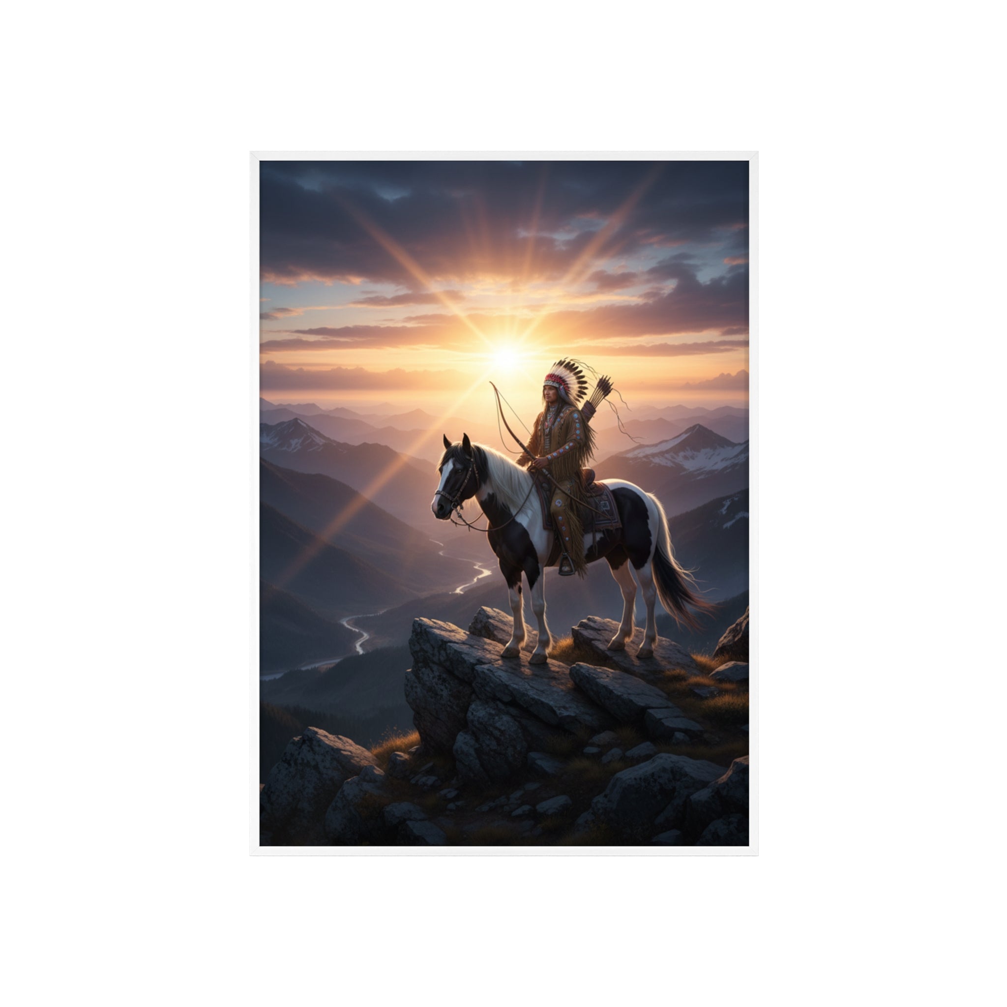 Native American Warrior on Horse Framed Poster — Scenic Sunrise Wall Art