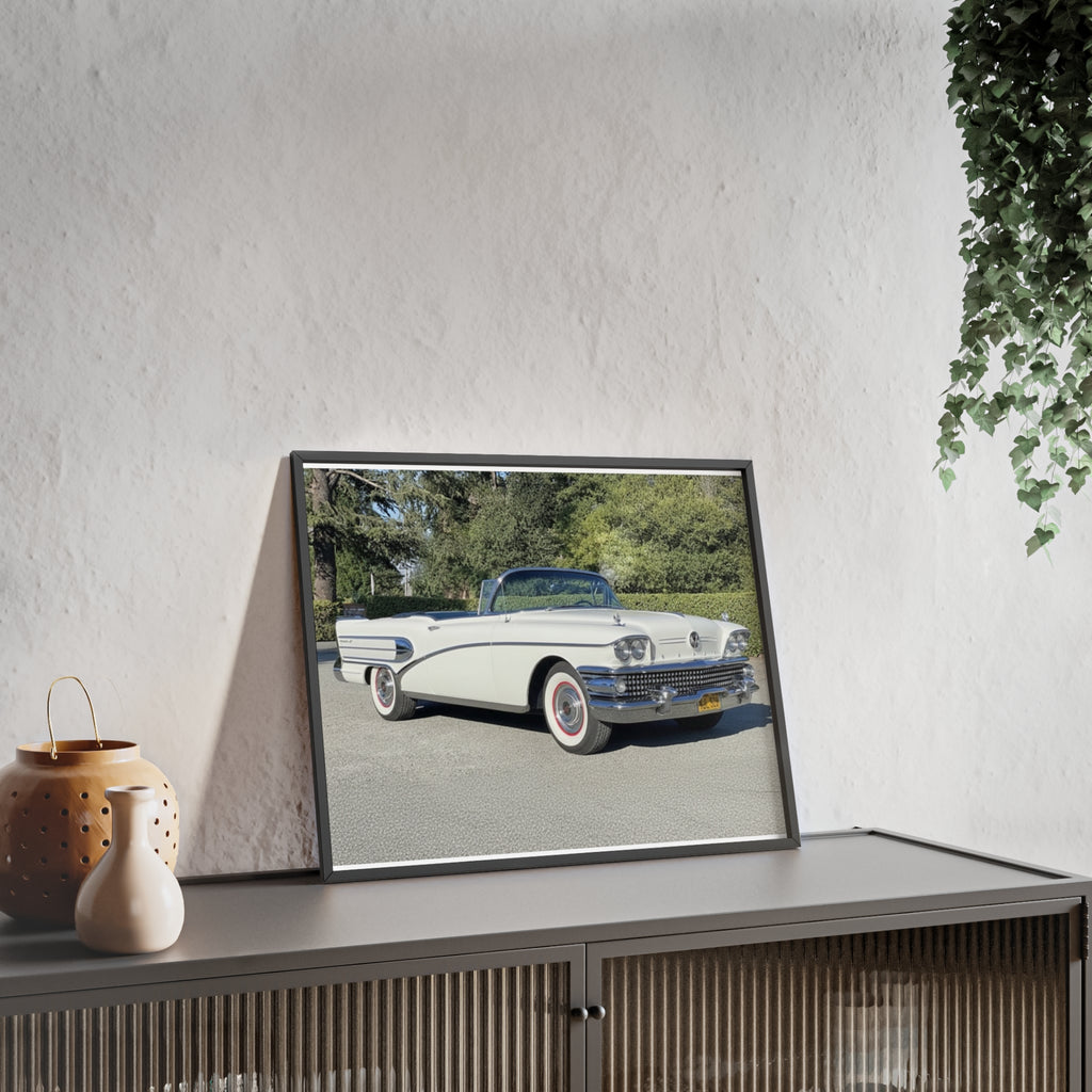 Classic White Convertible Car Poster with Wooden Frame — Vintage Auto Wall Art