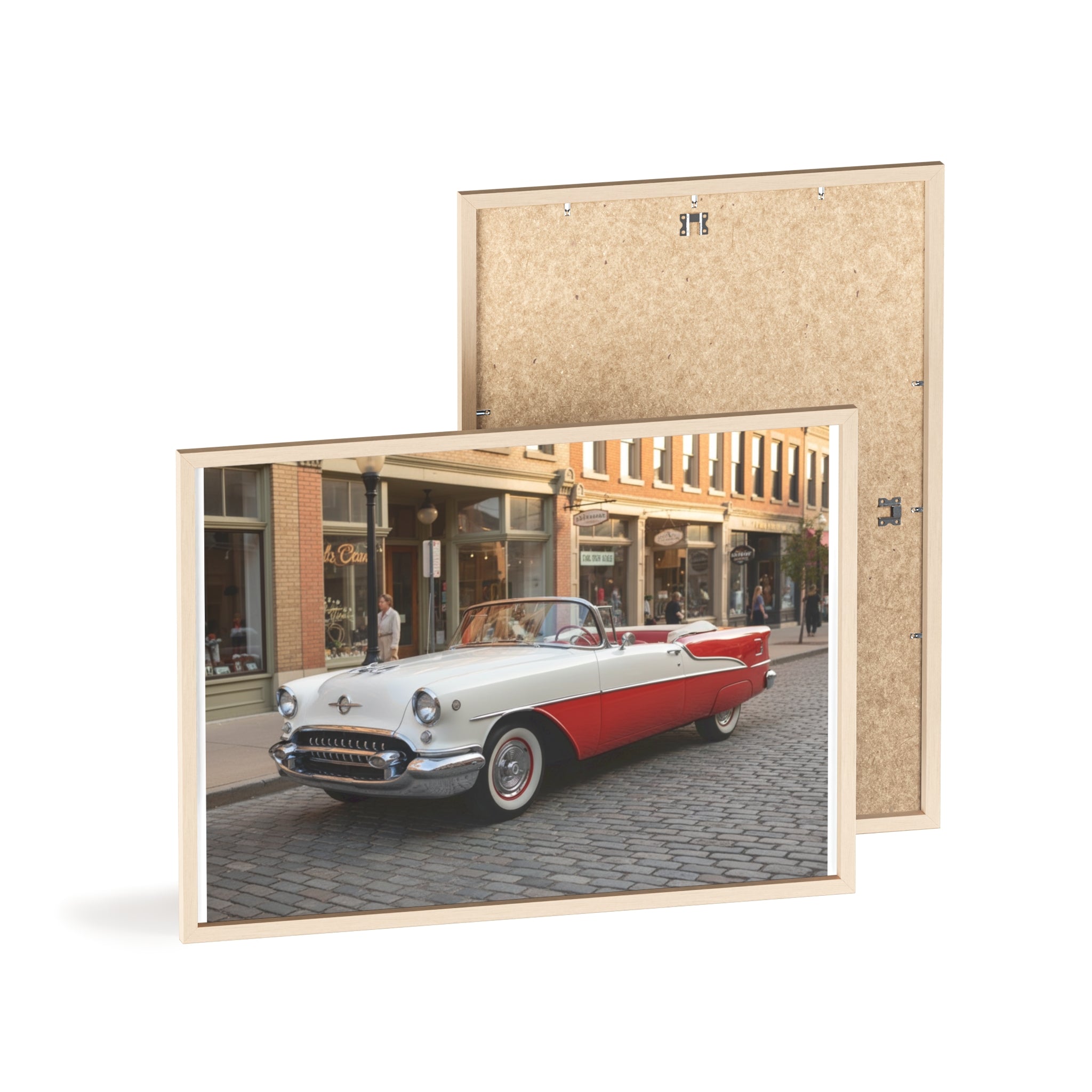 Vintage Red & White Convertible Poster with Wooden Frame — Retro Car Wall Art