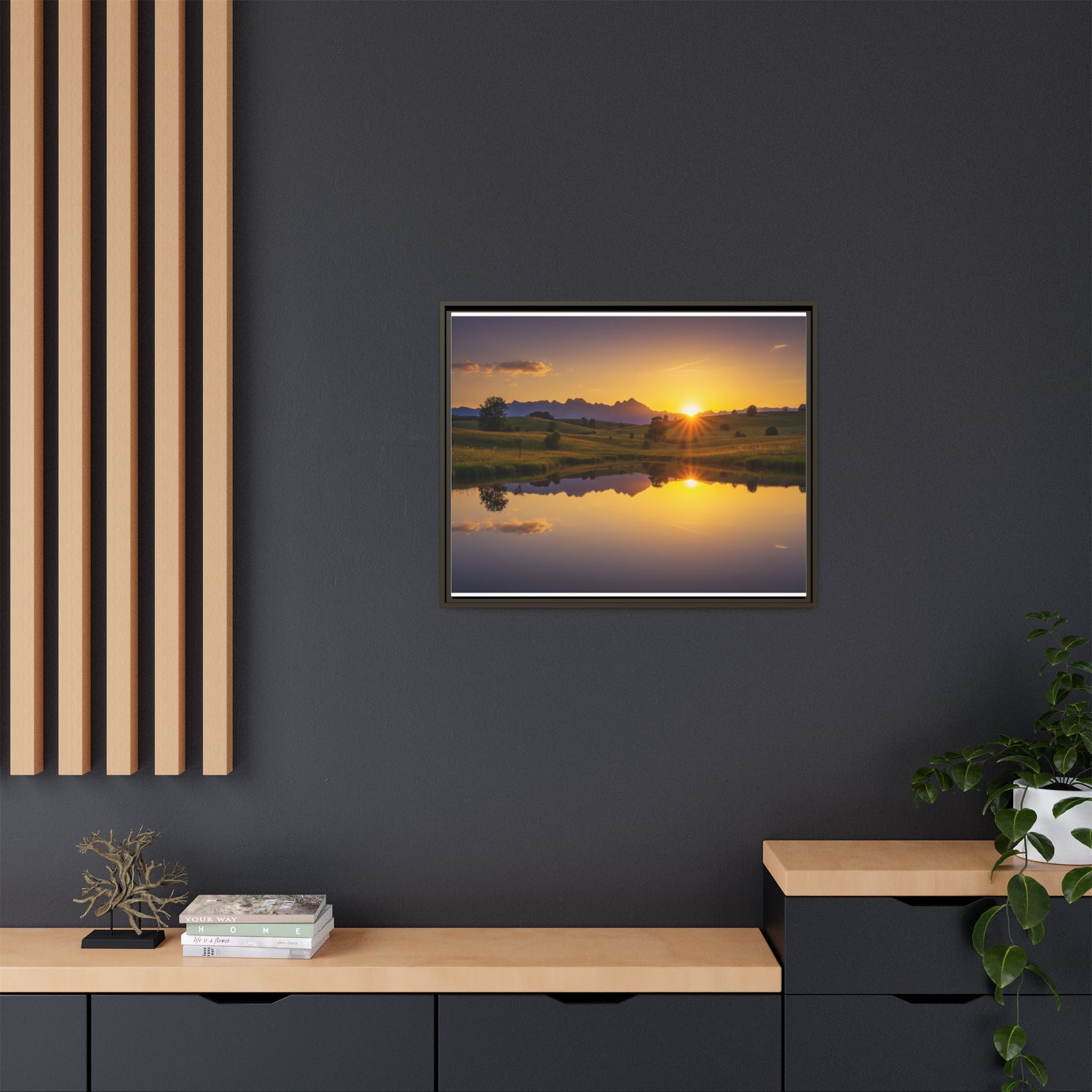 Framed Matte Canvas Sunset Landscape — Serene Lake Reflection Wall Art