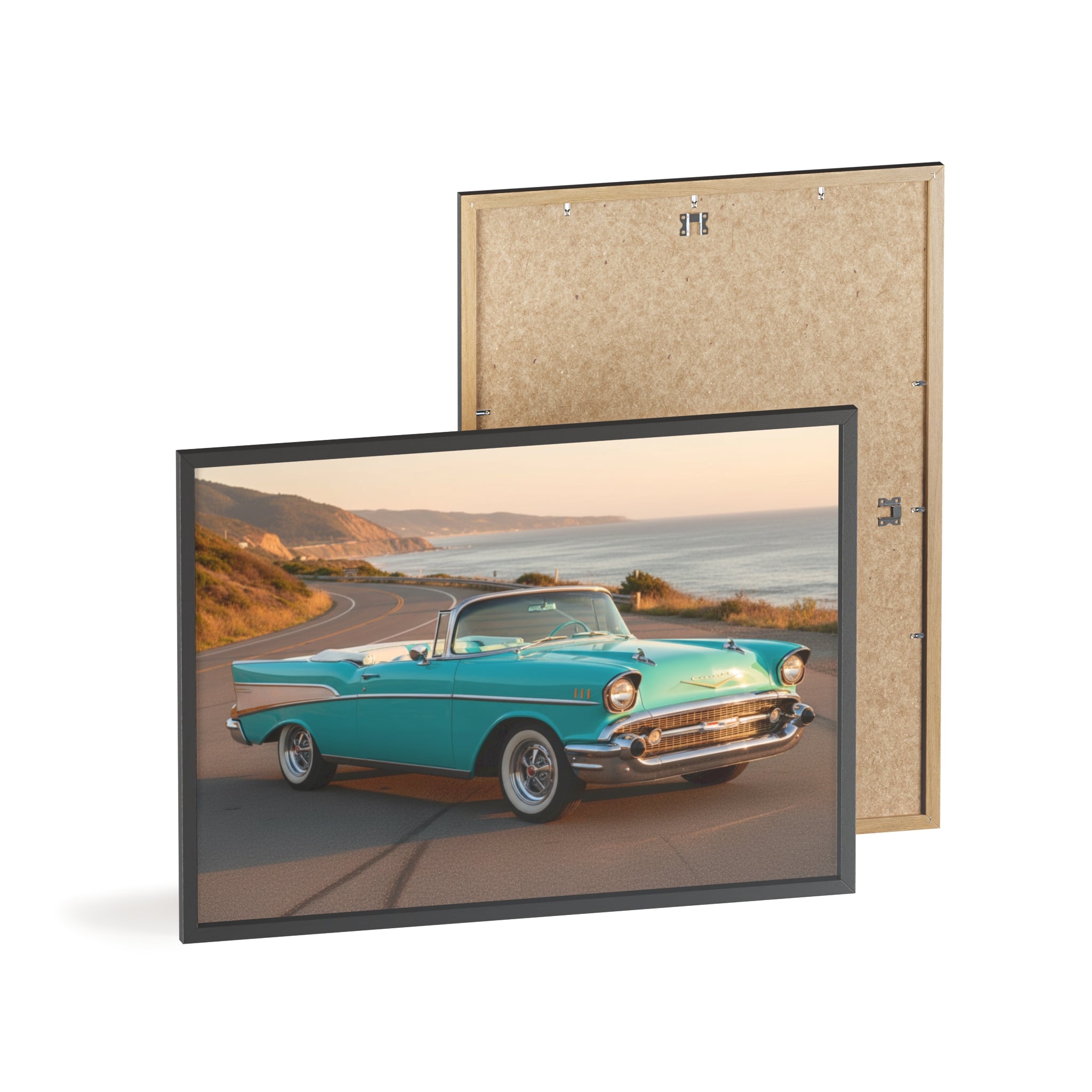 Vintage Teal Classic Car Poster with Wooden Frame — Coastal Road Print