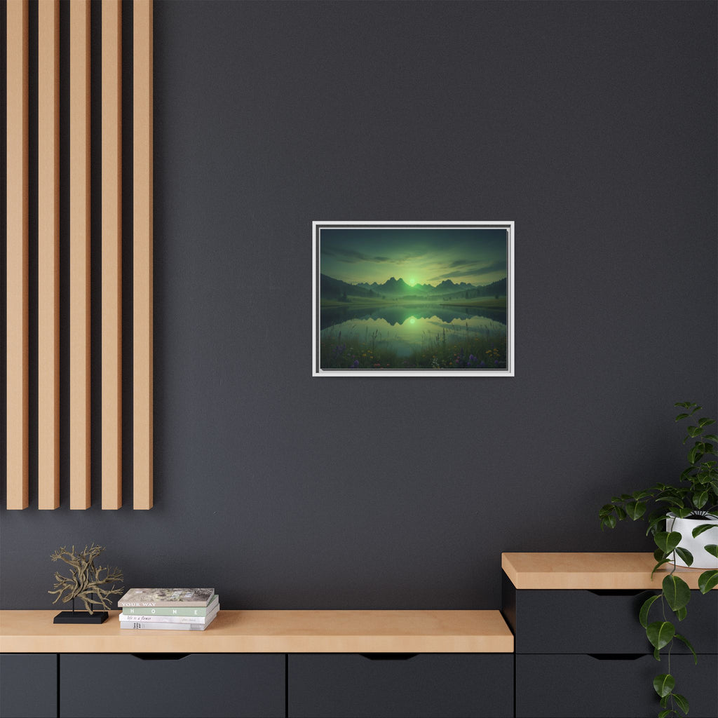 Framed Matte Canvas Print — Serene Green Mountain Lake Landscape