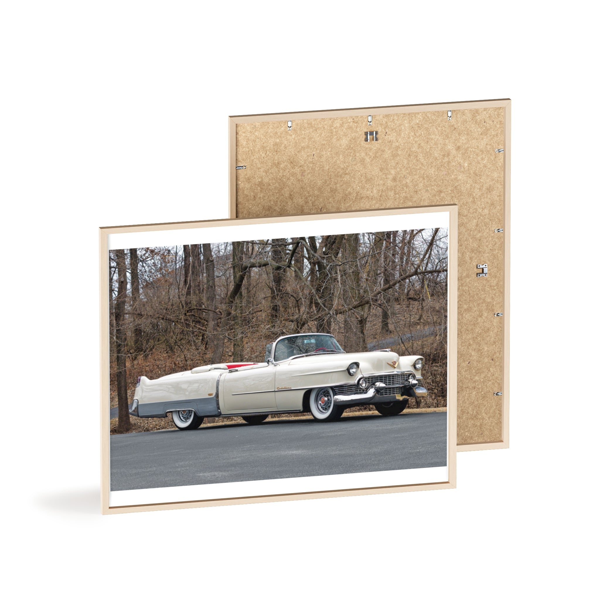 Vintage 1950s White Cadillac Poster with Wooden Frame - Classic Car Wall Art