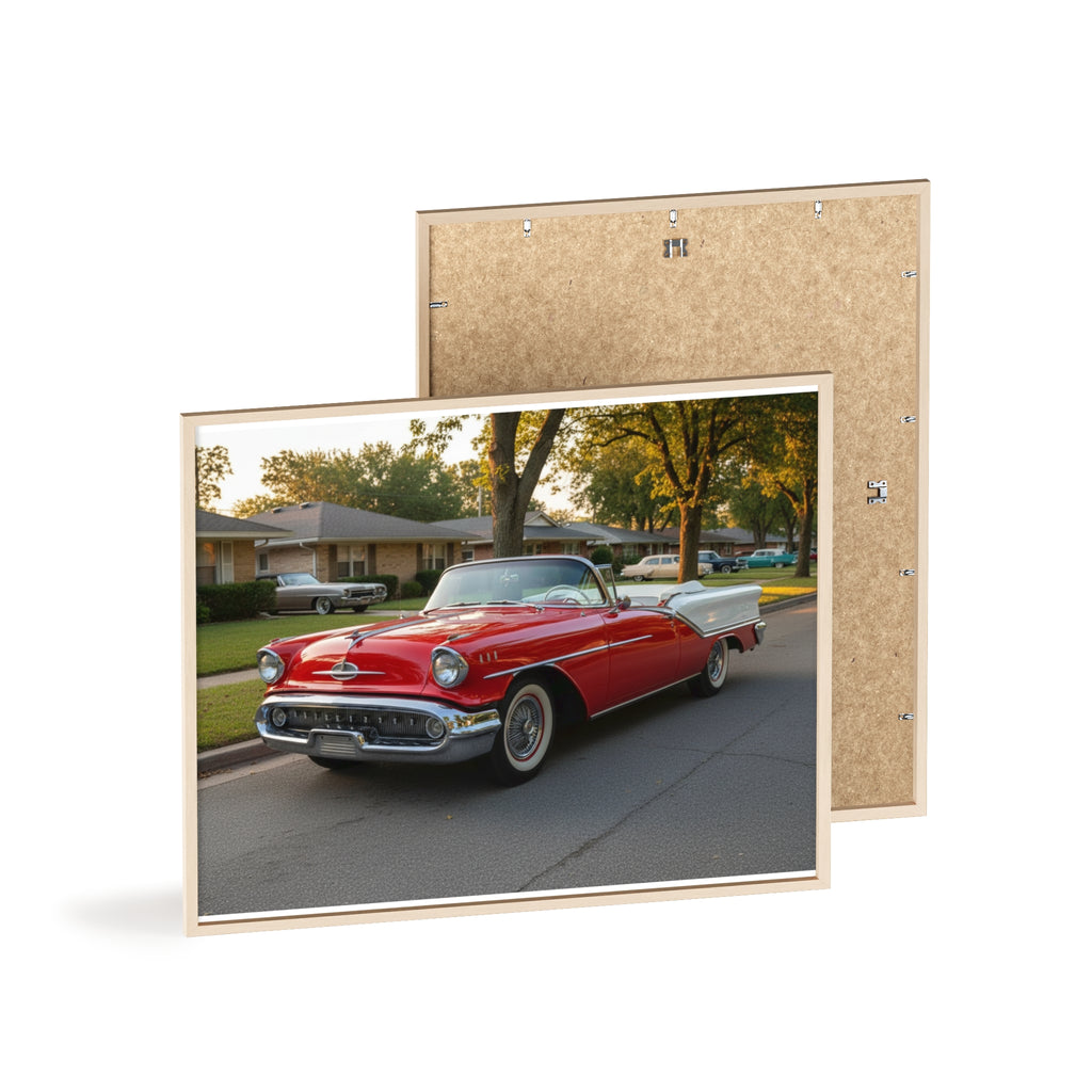 Vintage Red Convertible Poster with Wooden Frame — Classic Car Wall Art
