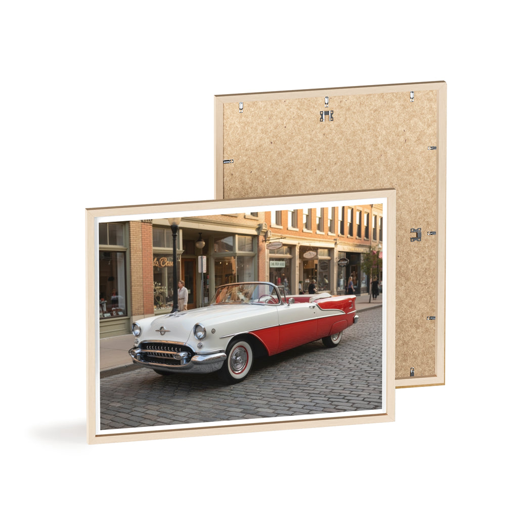 Vintage Red & White Convertible Poster with Wooden Frame — Retro Car Wall Art