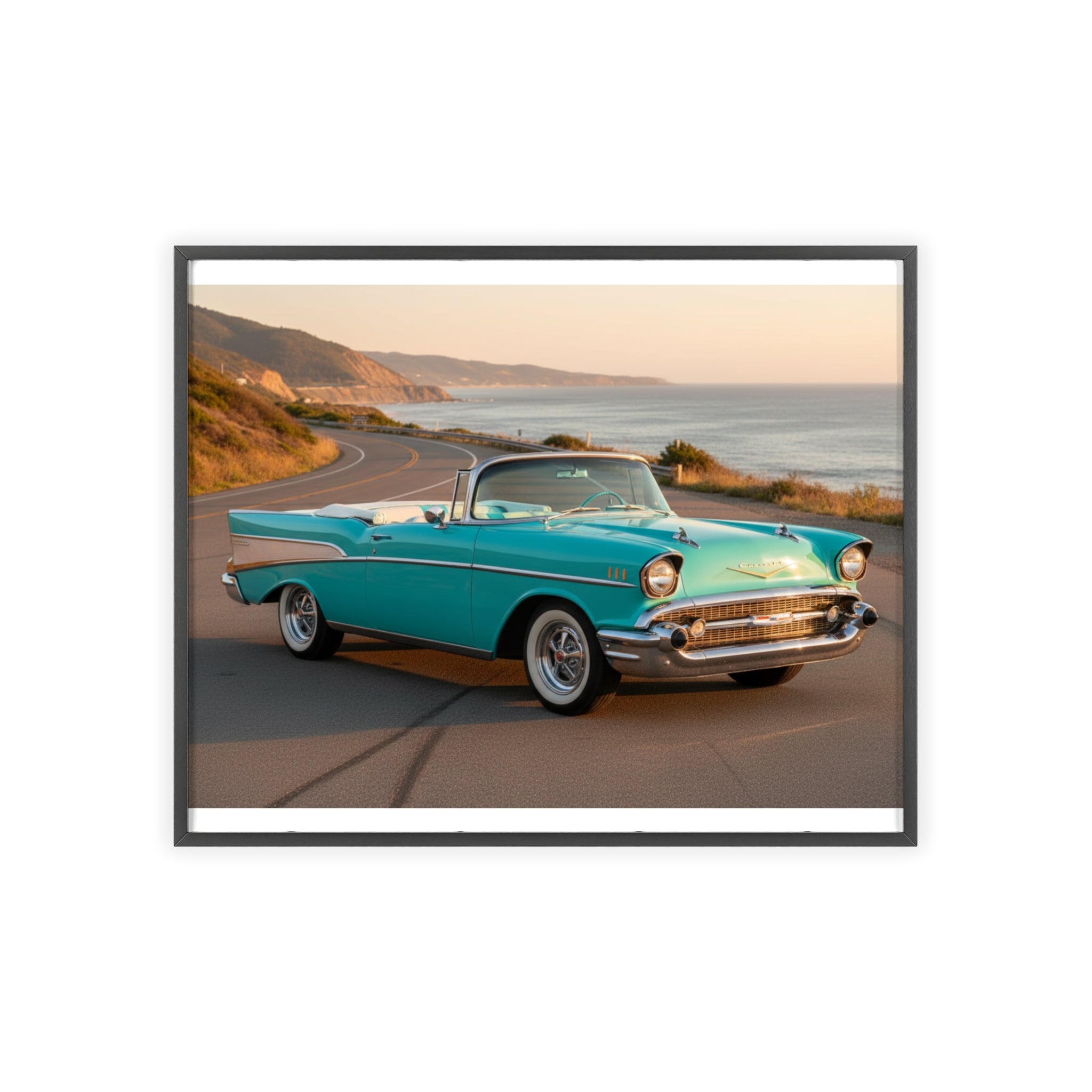 Vintage Teal Classic Car Poster with Wooden Frame — Coastal Road Print