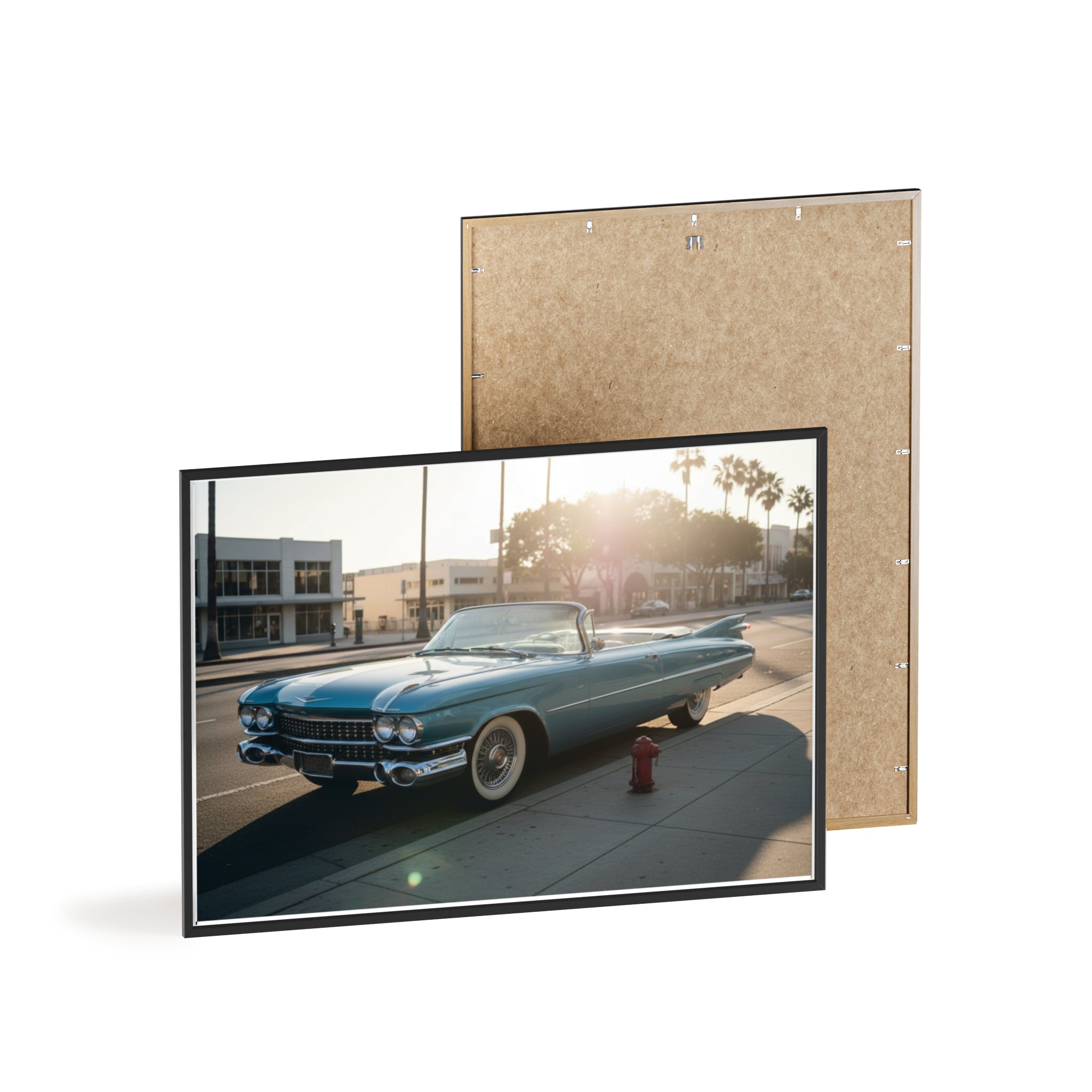 Vintage Blue Cadillac Poster with Wooden Frame – Retro Car Wall Art
