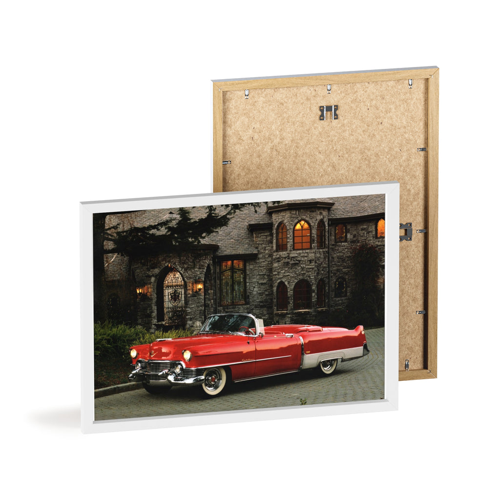 Vintage Red Convertible Poster with Wooden Frame — Classic Car Wall Art