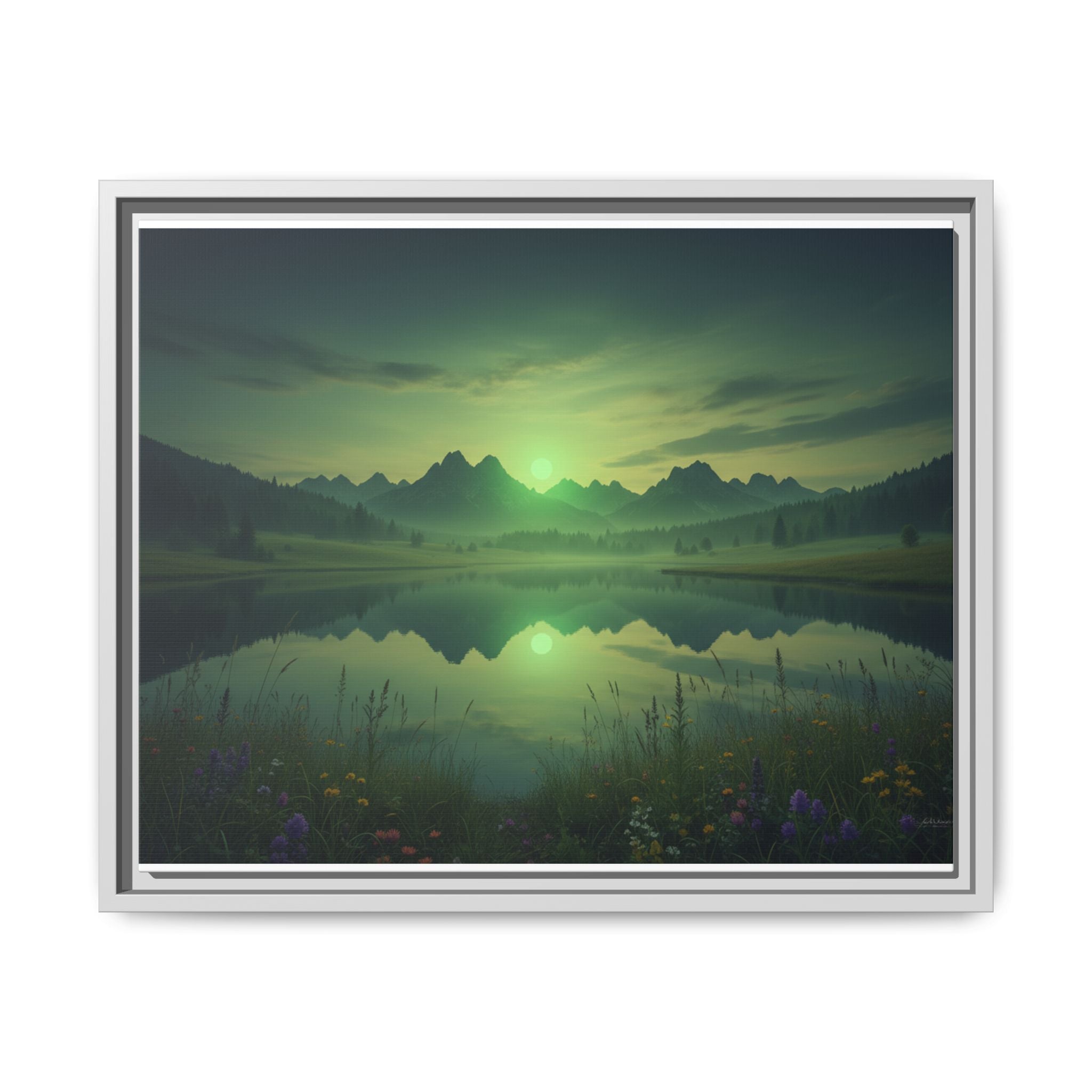Framed Matte Canvas Print — Serene Green Mountain Lake Landscape