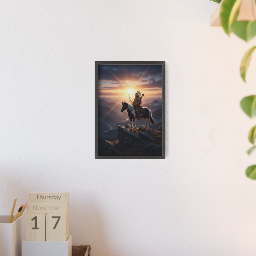 Native American Warrior on Horse Framed Poster — Scenic Sunrise Wall Art