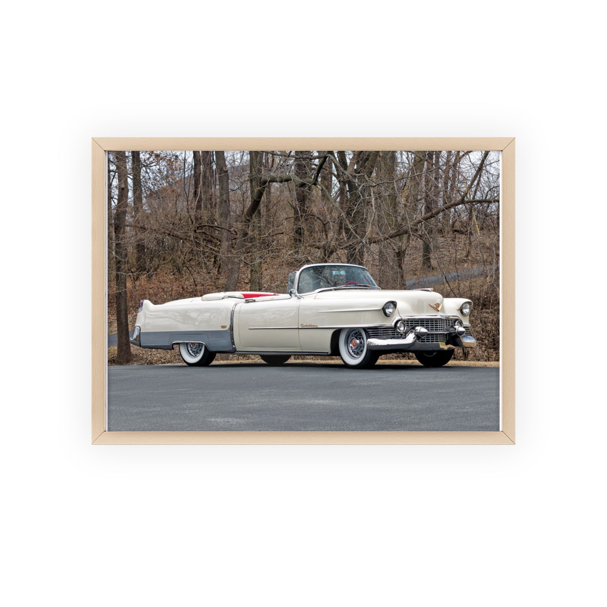 Vintage 1950s White Cadillac Poster with Wooden Frame - Classic Car Wall Art
