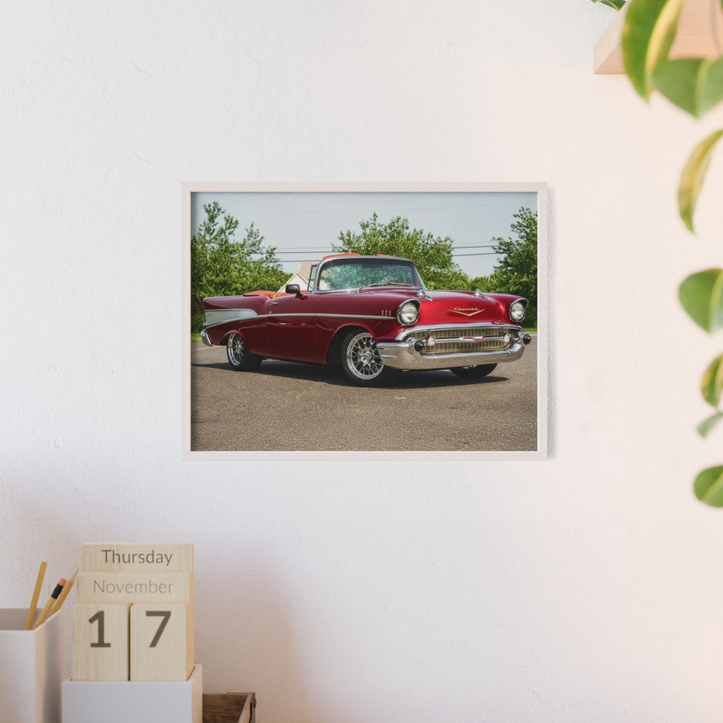 Vintage Red Classic Car Poster with Wooden Frame — Retro Automotive Wall Art