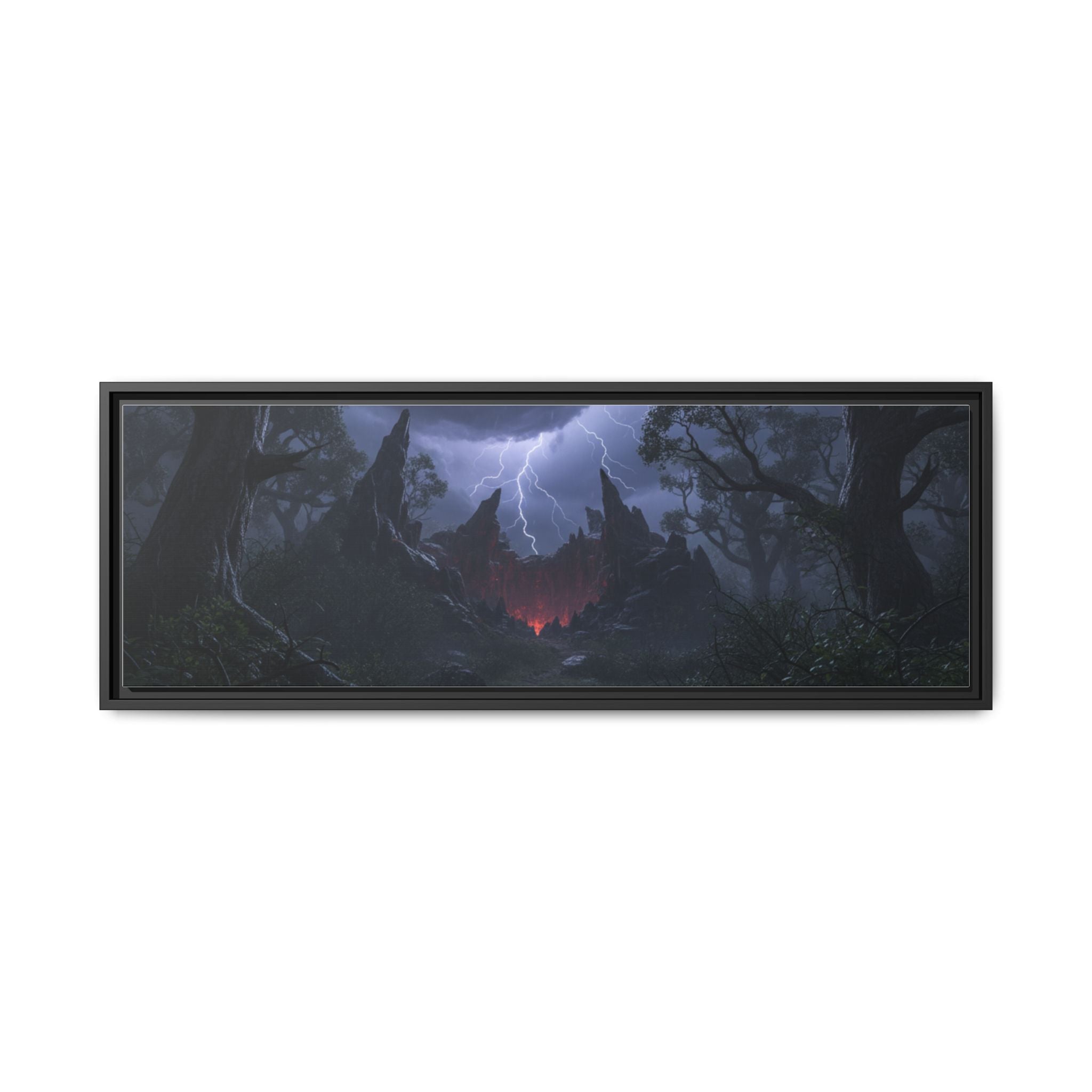 Dark Storm Forest Framed Canvas Print — Lightning, Haunted Castle Art