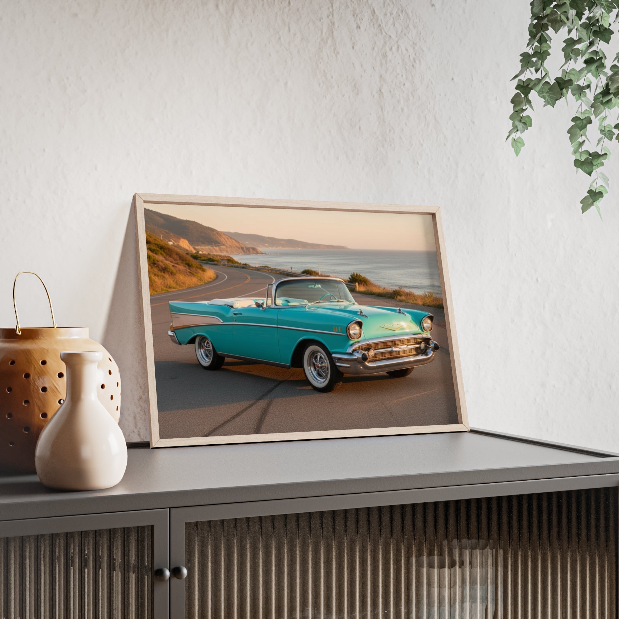 Vintage Teal Classic Car Poster with Wooden Frame — Coastal Road Print