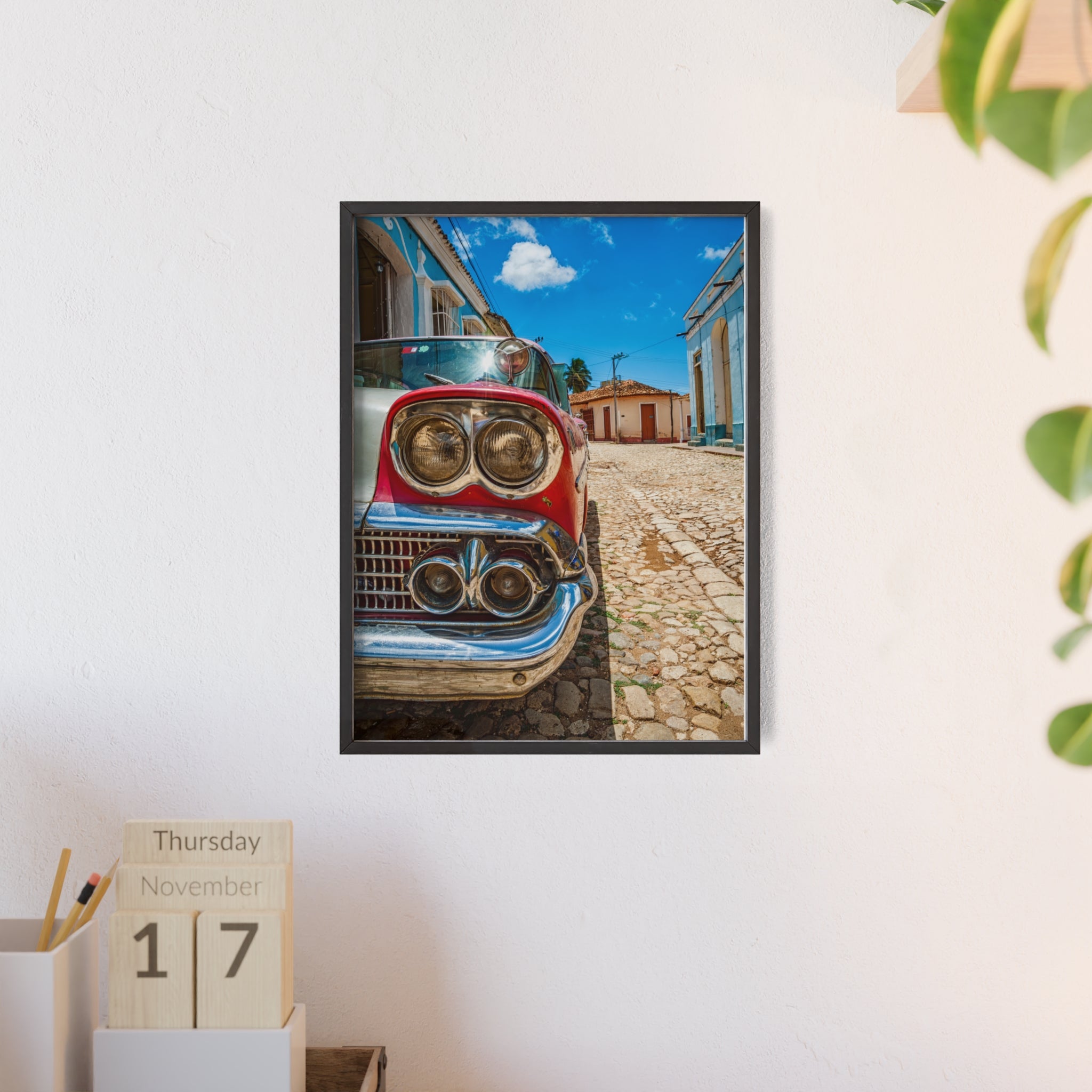 Vintage Classic Car Poster with Wooden Frame — Retro Cuba Street Photography Wall Art