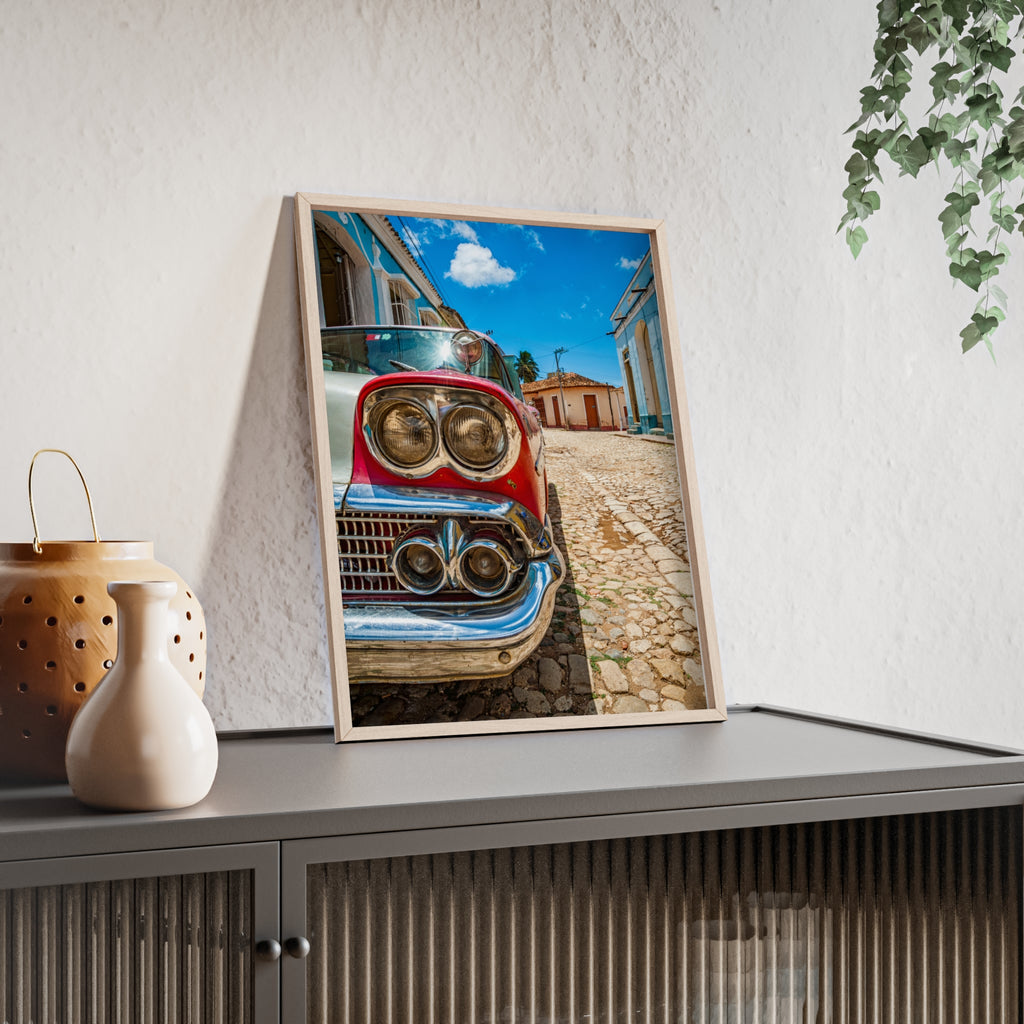 Vintage Classic Car Poster with Wooden Frame — Retro Cuba Street Photography Wall Art