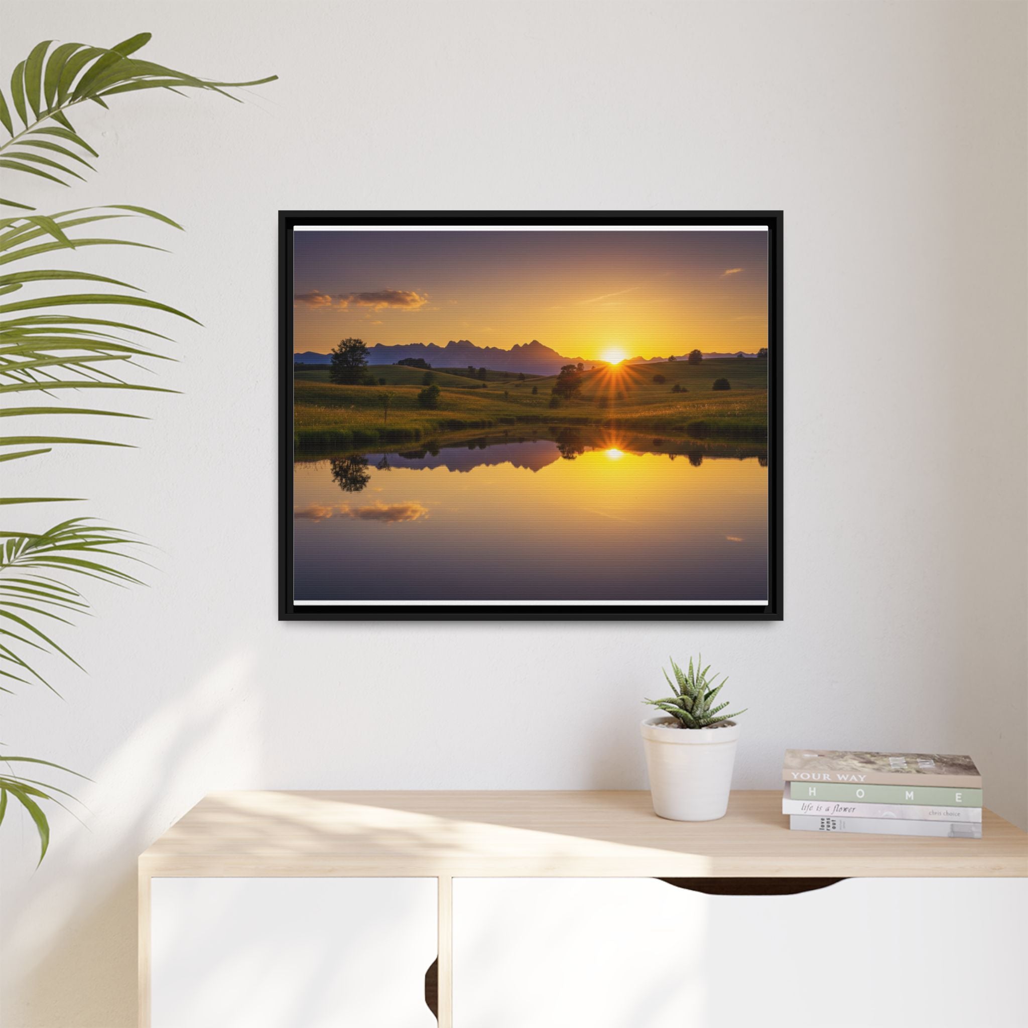 Framed Matte Canvas Sunset Landscape — Serene Lake Reflection Wall Art