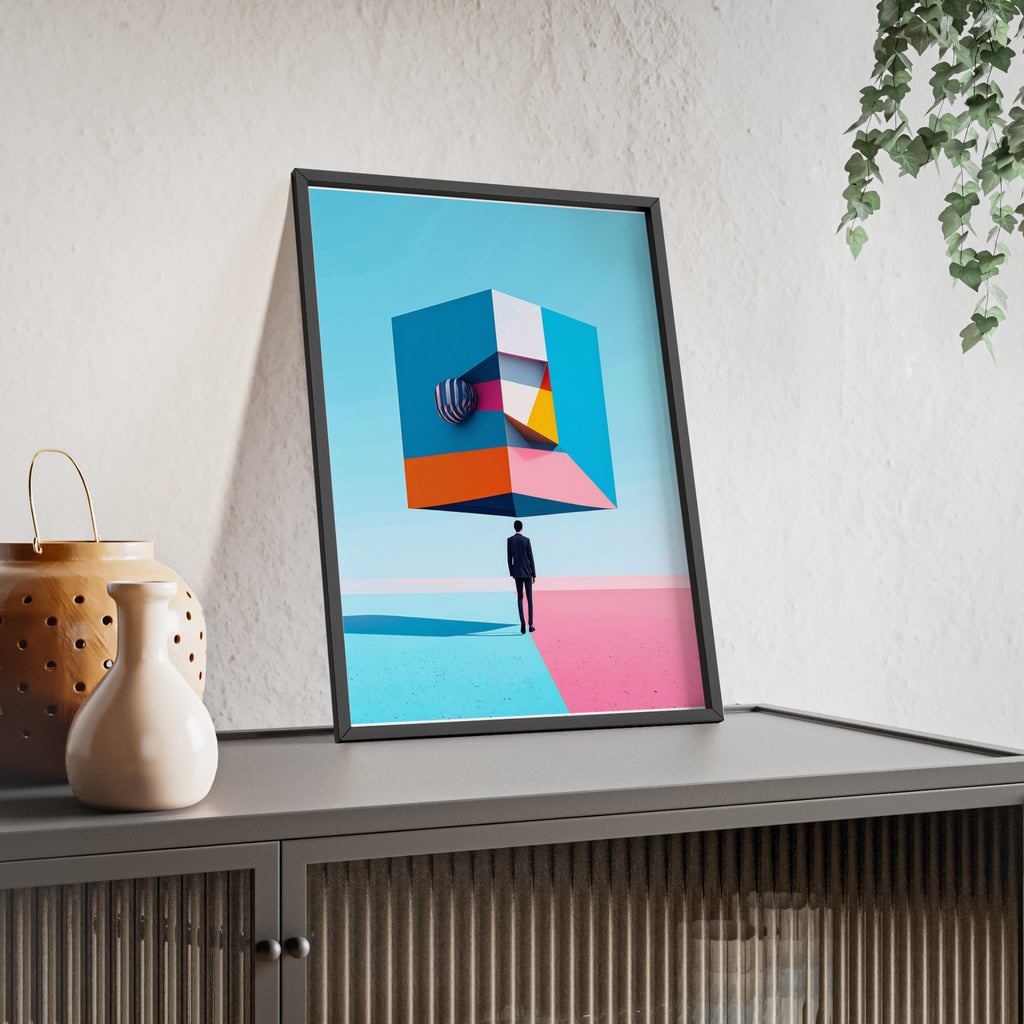 Surreal Geometric Art Poster with Wooden Frame — Modern Minimal Wall Decor