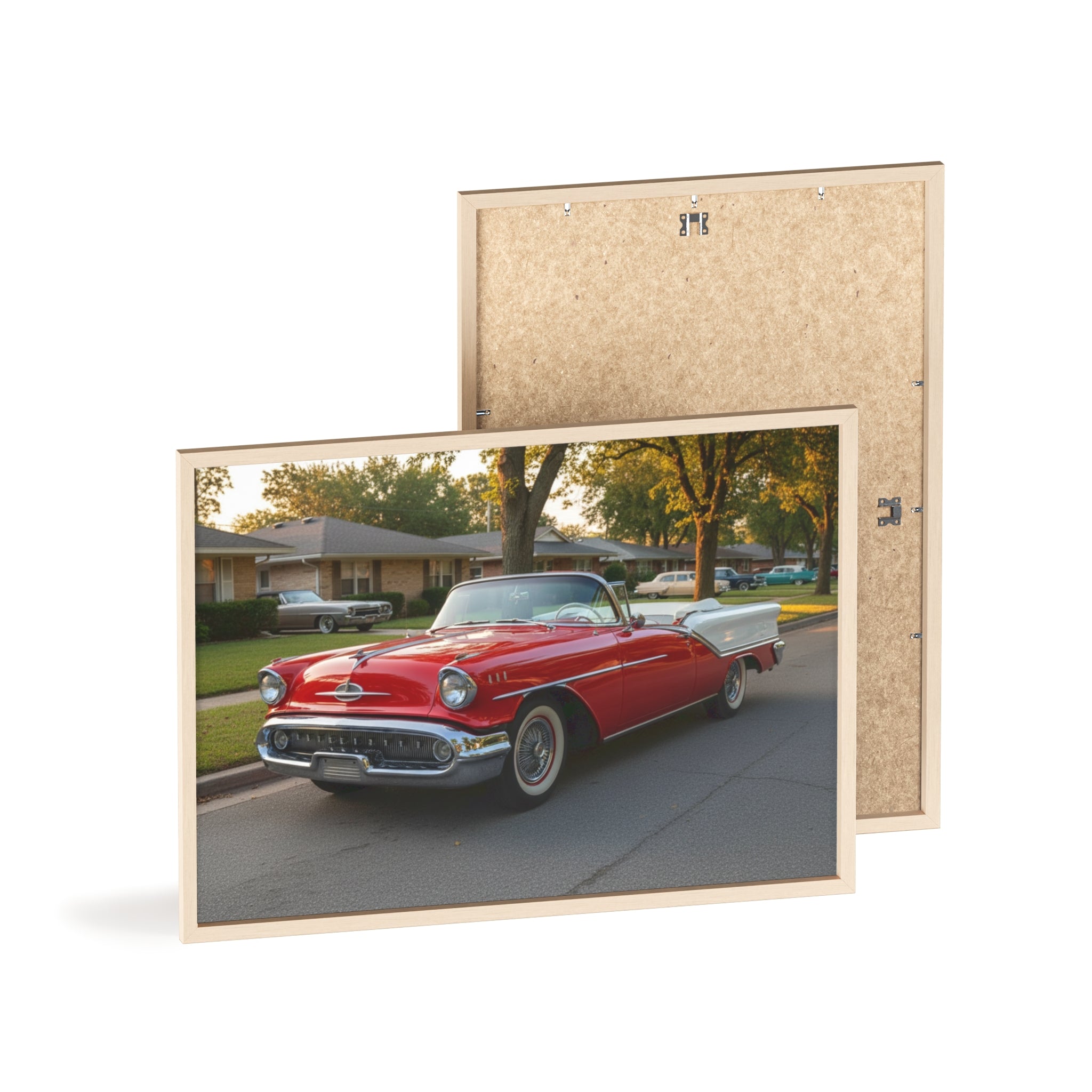 Vintage Red Convertible Poster with Wooden Frame — Classic Car Wall Art
