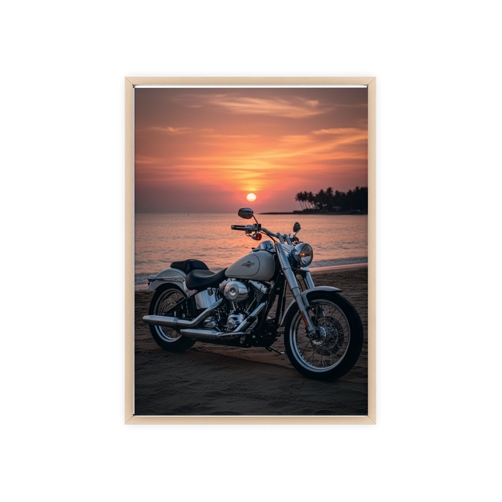 Sunset Beach Motorcycle Poster with Wooden Frame — Vintage Cruiser Wall Art