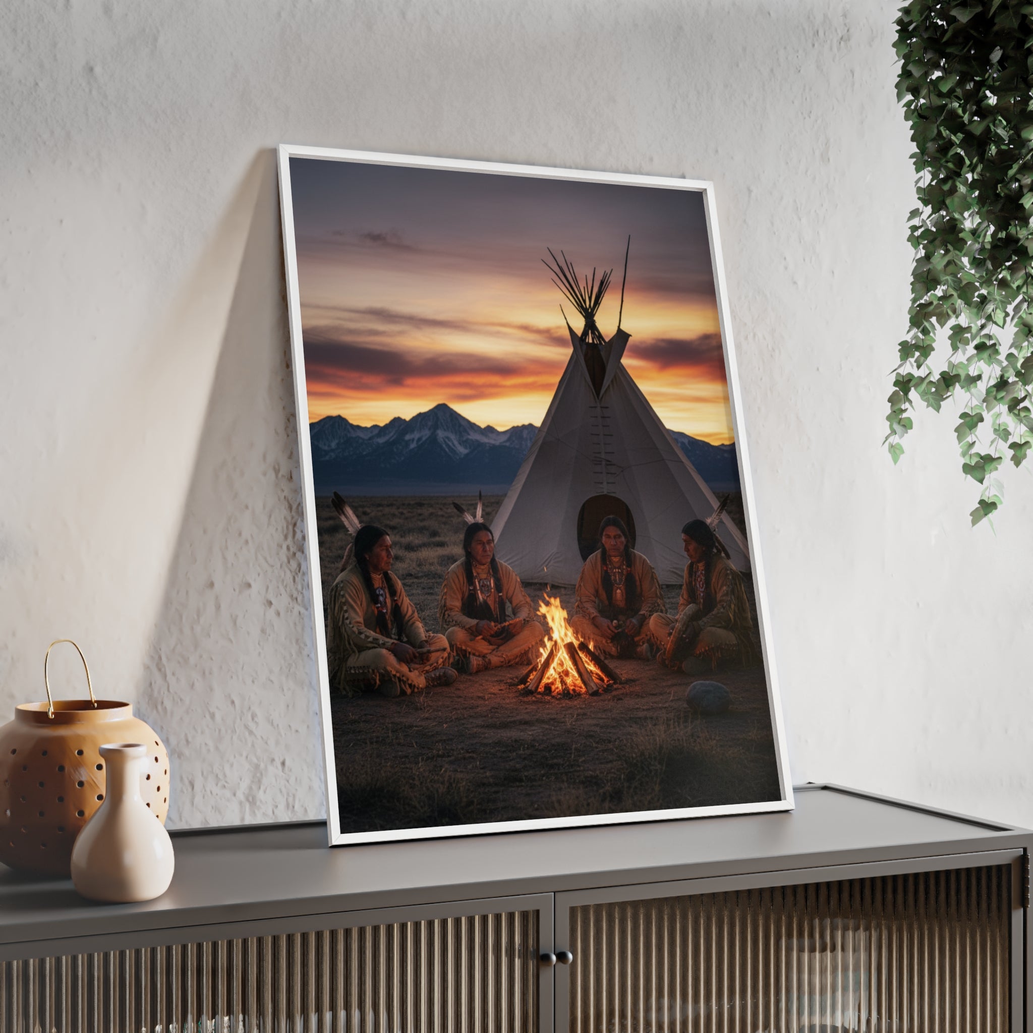 Framed Campfire Teepee Poster — Native Gathering Wall Art