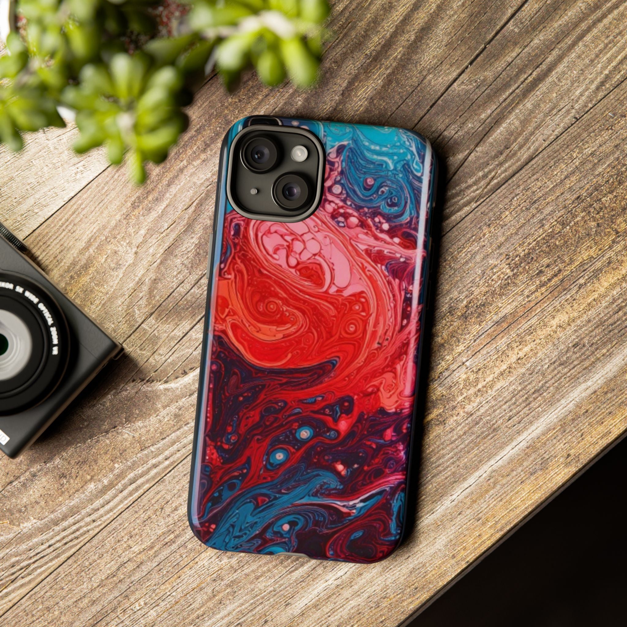 Abstract Red & Blue Swirl Tough Phone Case — Protective iPhone Cover with Fluid Art Design