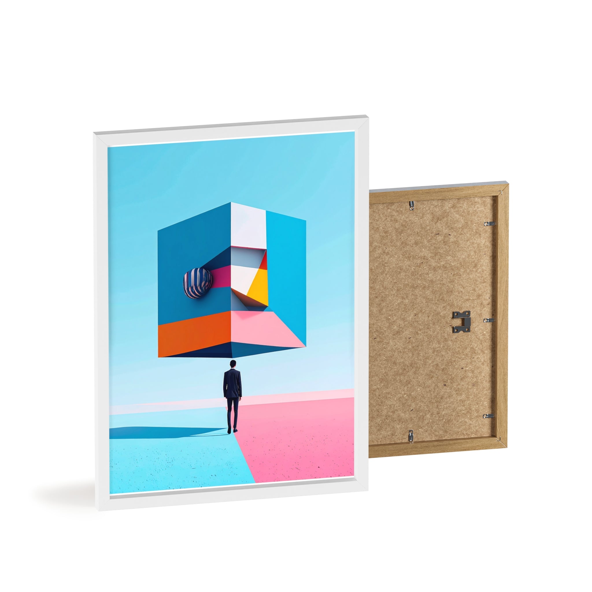 Surreal Geometric Art Poster with Wooden Frame — Modern Minimal Wall Decor