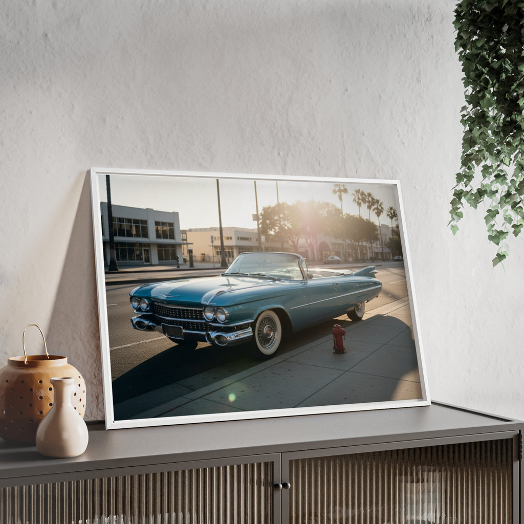 Vintage Blue Cadillac Poster with Wooden Frame – Retro Car Wall Art