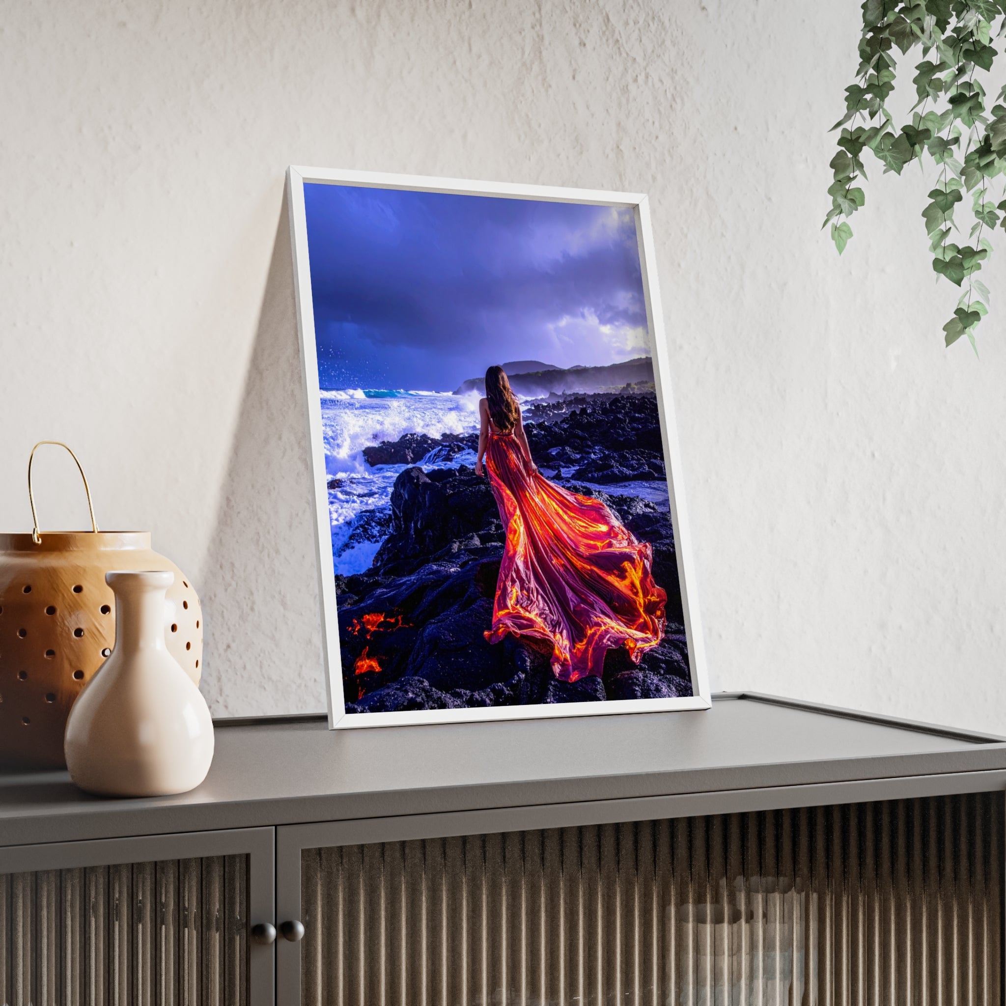 Framed Art Print — Woman in Fiery Red Dress on Rocky Shore (Wooden Frame Poster)