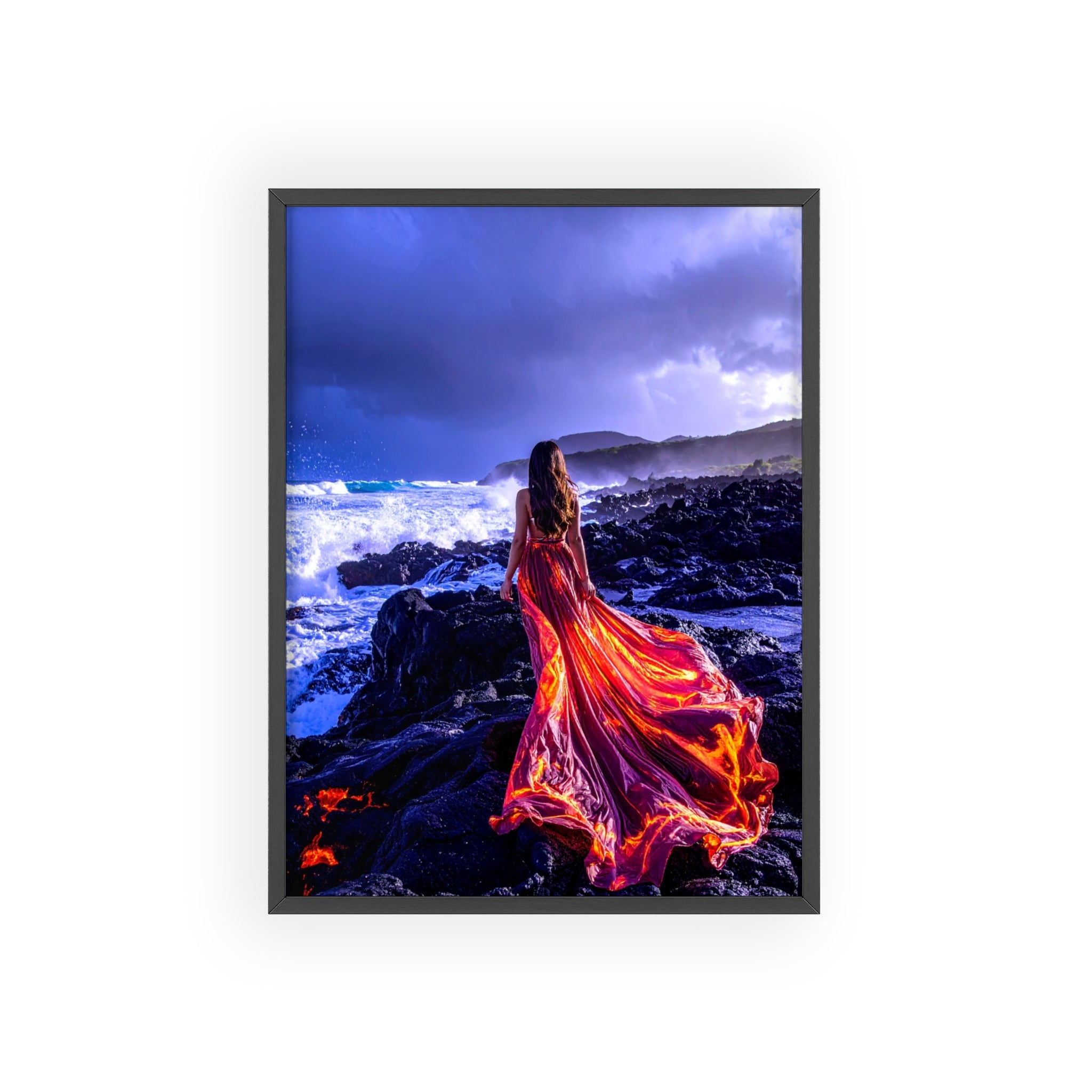 Framed Art Print — Woman in Fiery Red Dress on Rocky Shore (Wooden Frame Poster)