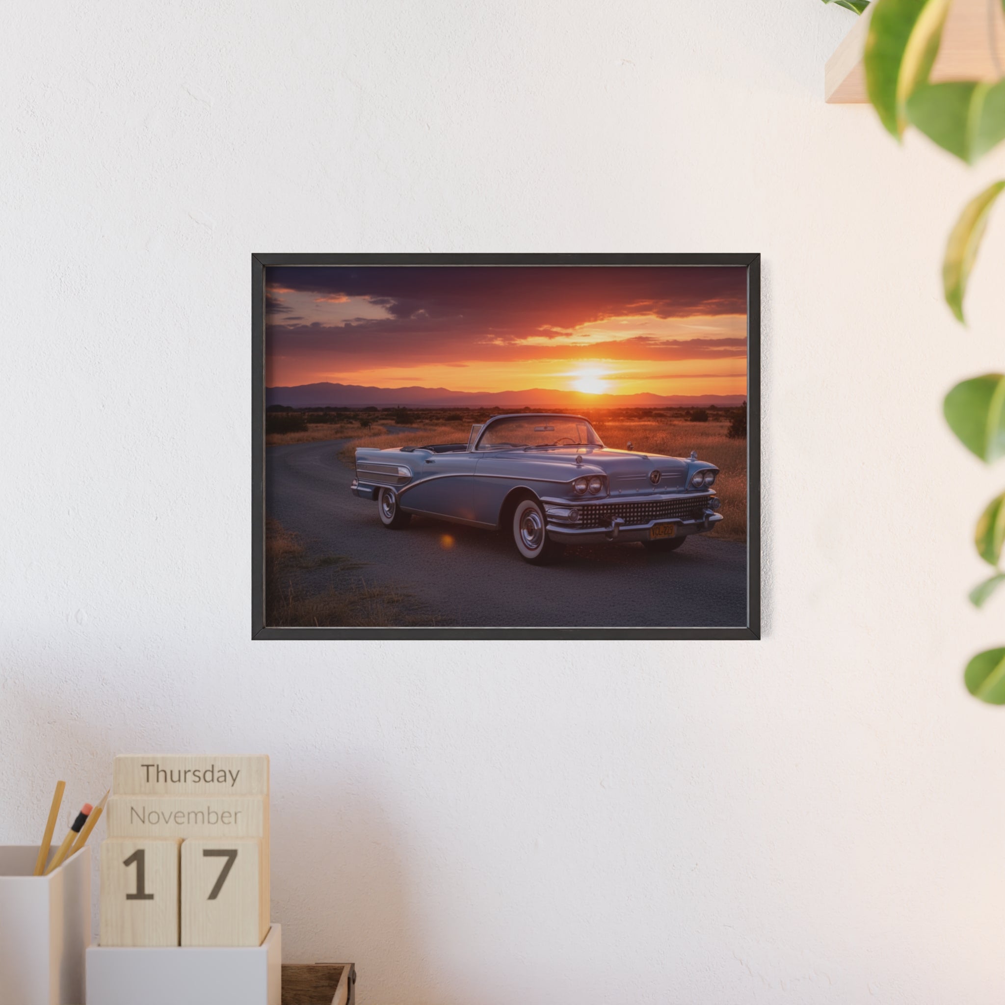 Vintage Convertible Sunset Poster with Wooden Frame