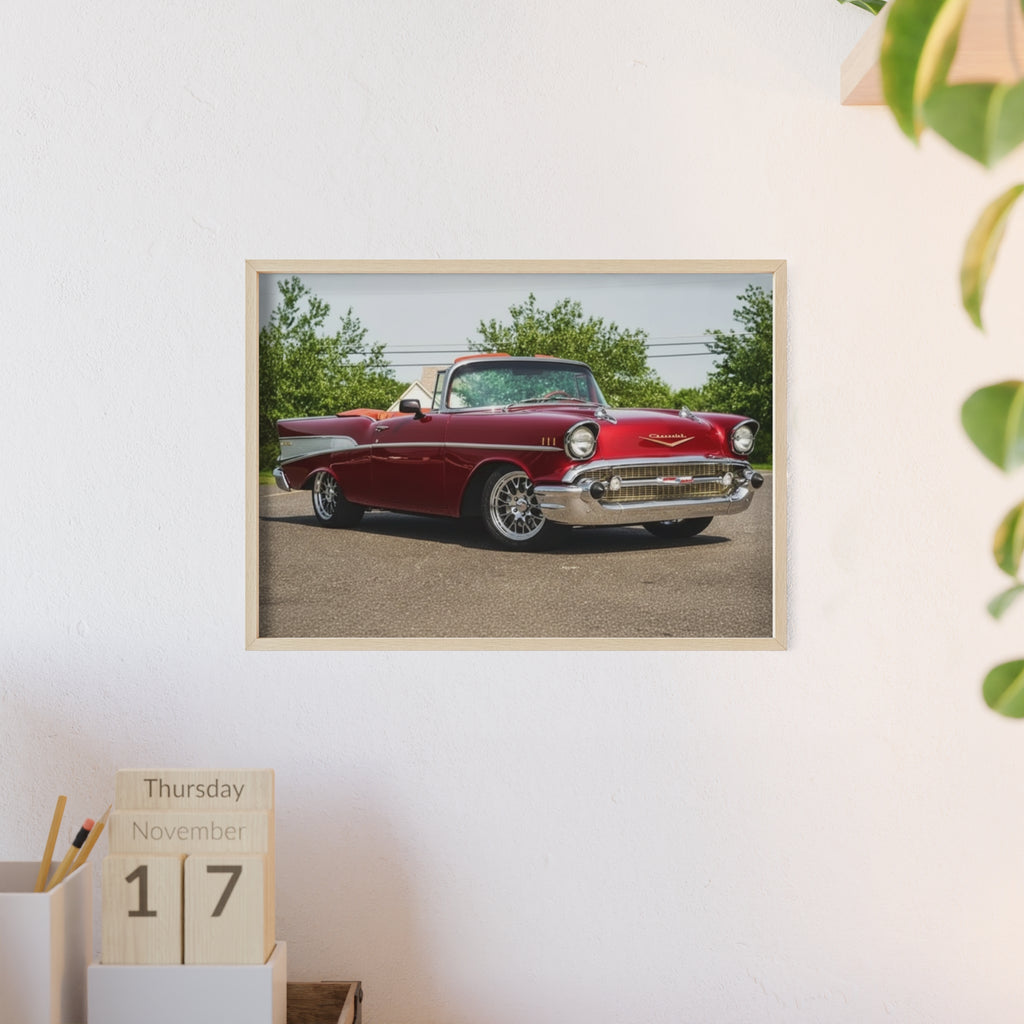 Vintage Red Classic Car Poster with Wooden Frame — Retro Automotive Wall Art